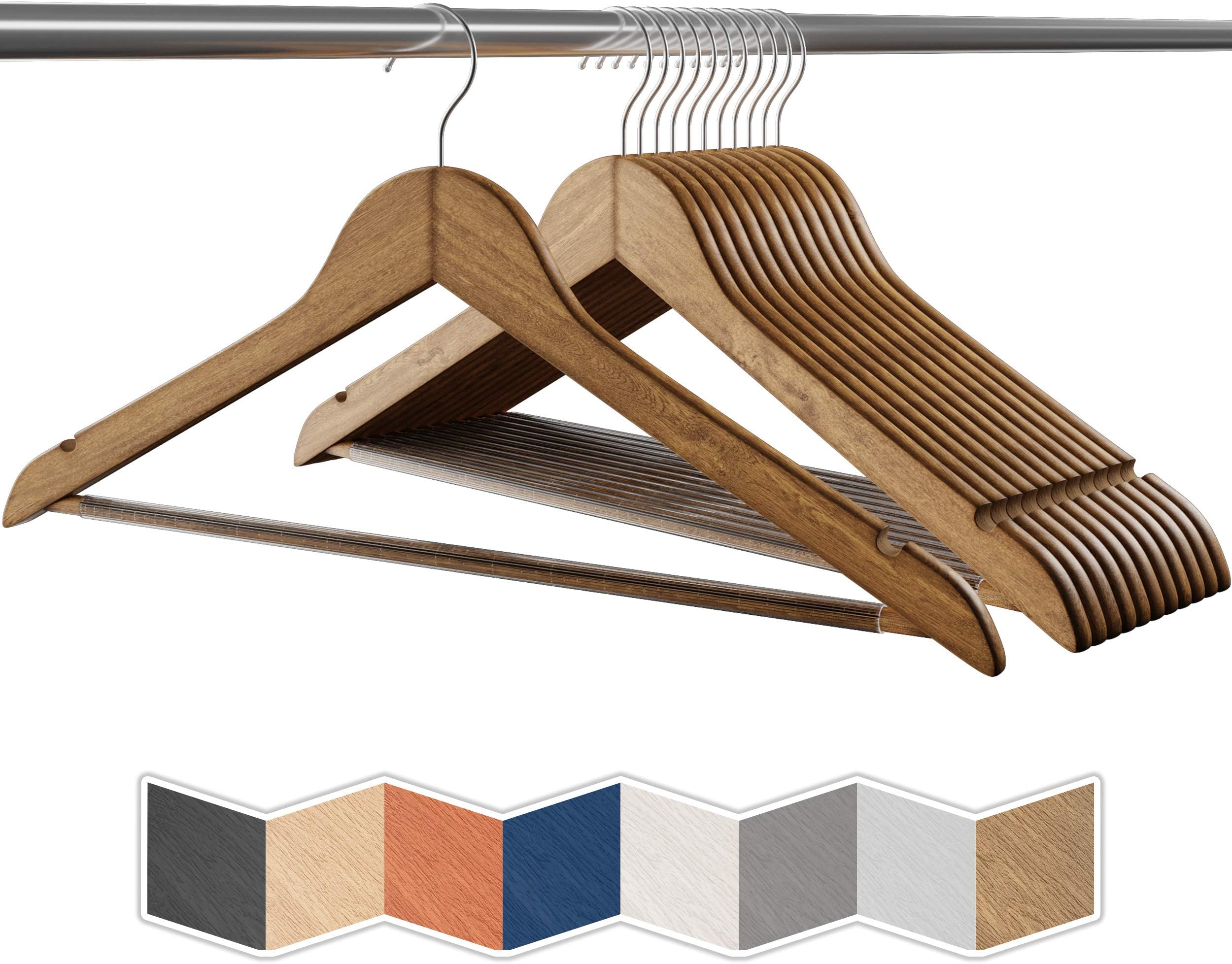 Wooden Hangers for Clothes - Heavy Duty Non-Slip Pants Bar & 360 Swivel Hook |Ganchos De Ropa | Great for Suits, Coats, Clothing [10-Pack - Vintage]