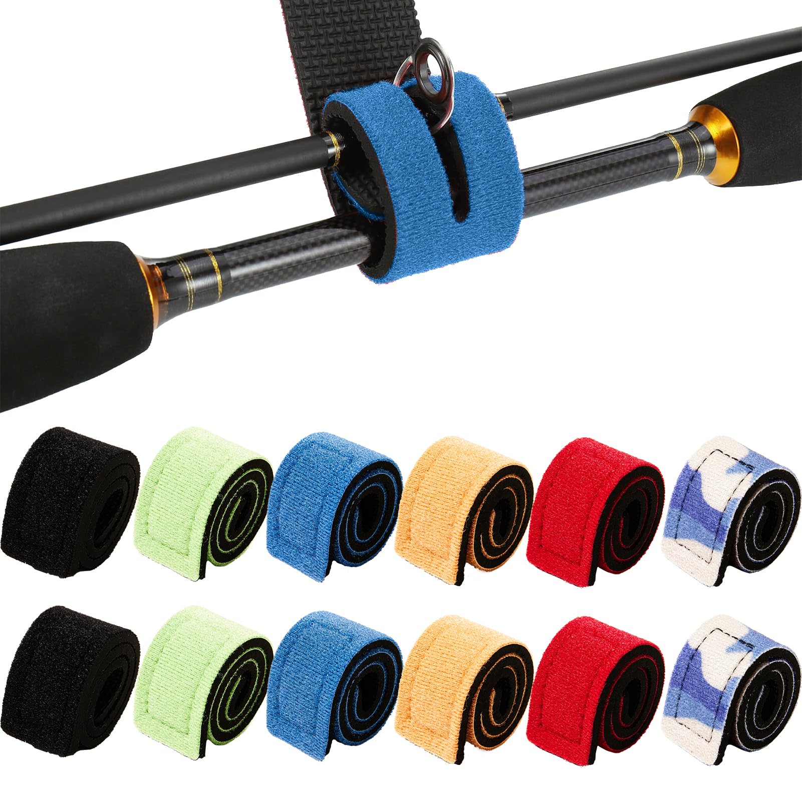 TAIXING 12Pcs Fishing Rod Straps, Adjustable Neoprene Ties Straps for Fishing Rod Fix, Elastic Fishing Rod Belt Ties, Gear Strap Spinning Rod Sea Rod Feeder Rod Carp Rod Wrap Protectors6 colors