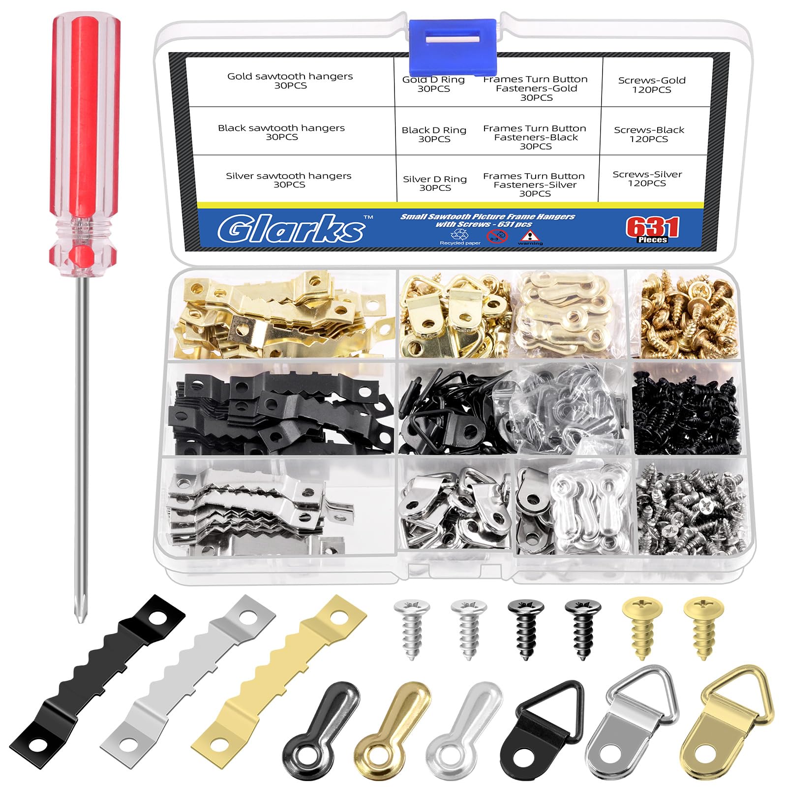 Glarks 631pcs Golden Silver Black Picture Hanging Kit, Include Sawtooth Picture Frame Hangers, Frame Turn Buttons, D Ring Picture Hangers, Screws and Screwdriver for Hanging Photo