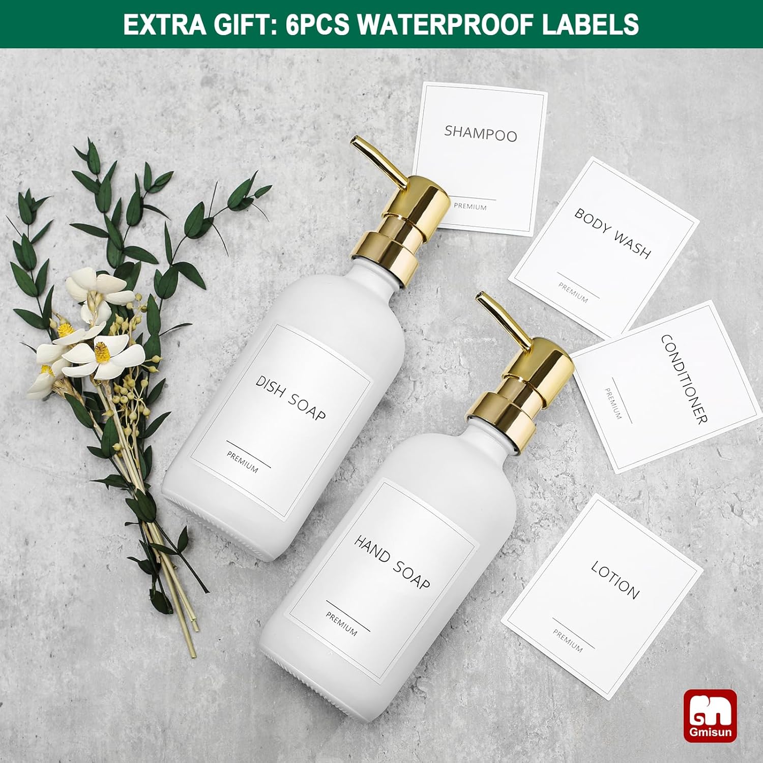 GMISUN White Soap Dispenser, 2 Pack Glass Hand Soap Dispensers Bathroom with Gold Pump, 17 Fl Oz Dish Soap Dispenser Set for Kitchen, Refillable Modern Liquid Soap and Lotion Dispensers Bottle - Image 7