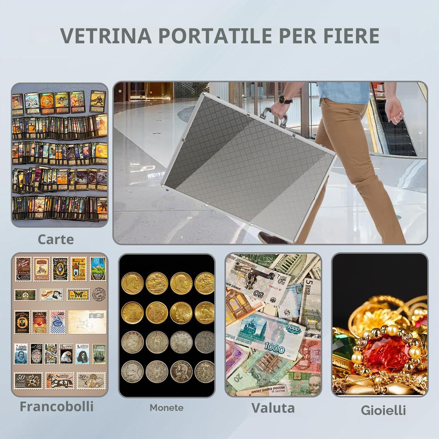 Espositore per carte di credito, grande, in alluminio, 86,4 cm di lunghezza x 55,9 cm di larghezza, con serratura, con manico, 7,6 cm di altezza, portatile, per carte sportive, TCG/collezione