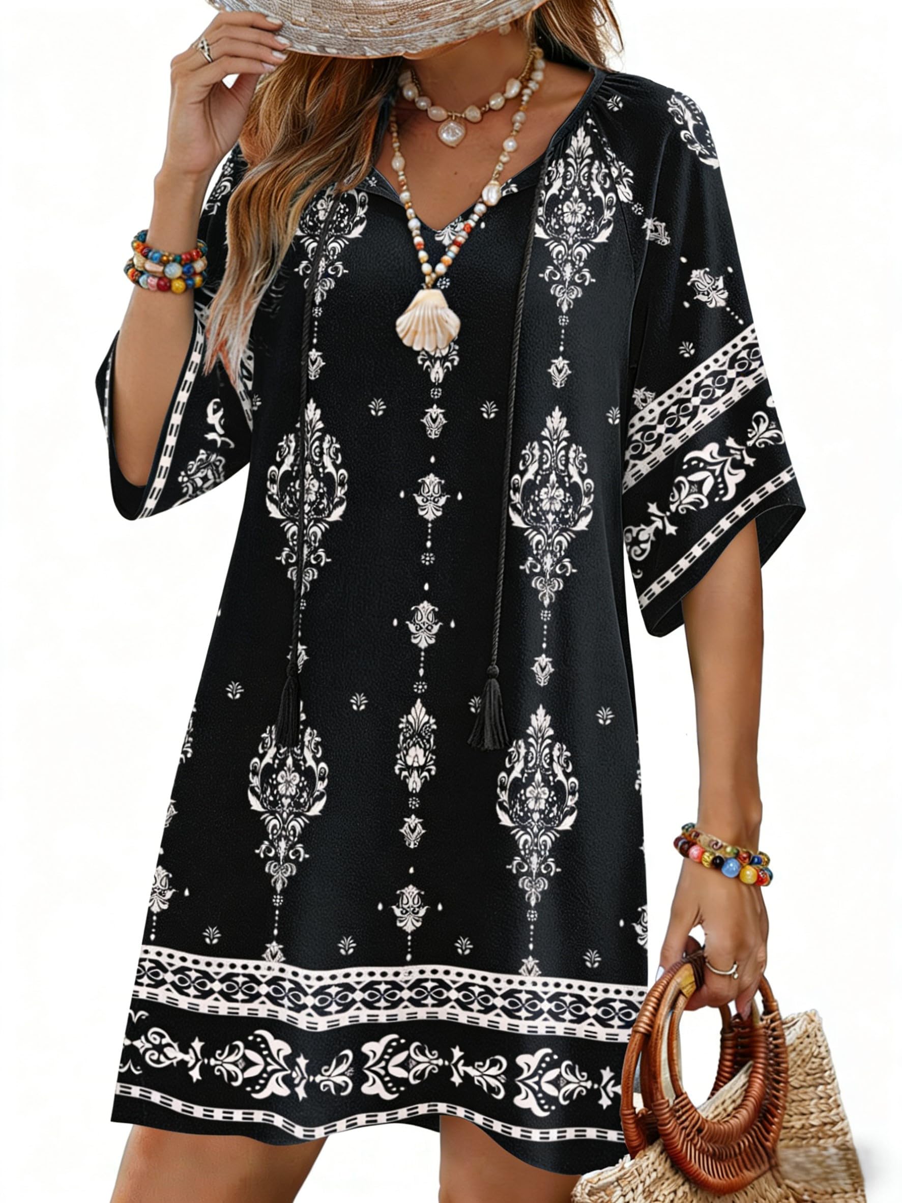 Womens Summer Dress Casual Ruffle Tiered Floral Square Neck Sundresses Beach Boho Mini A-line Dress 2026 with Pockets-image-37