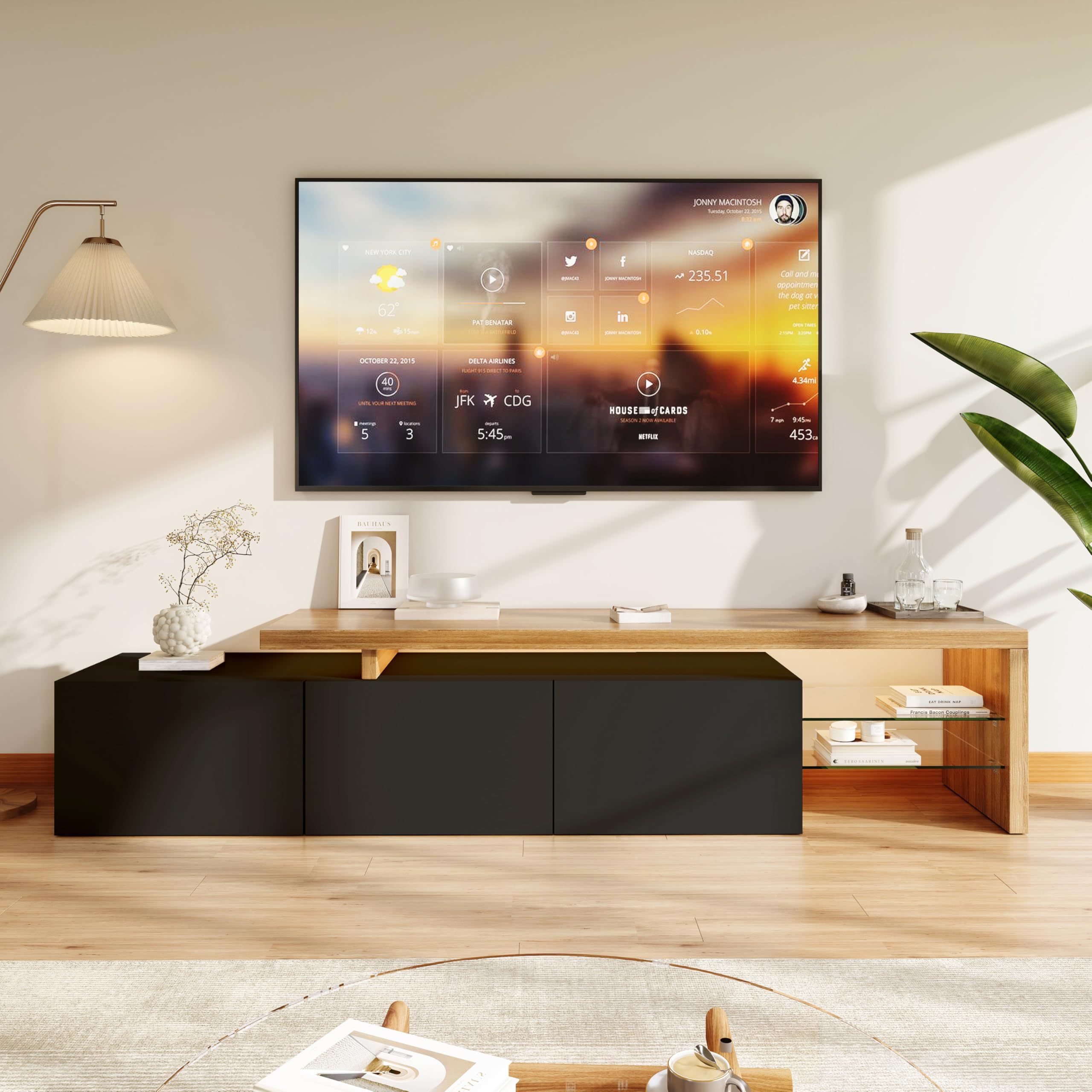 Mueble de TV LED con 3 cajones, mueble extensible para TV moderno con cajones, armario de TV con almacenamiento abierto, marco de madera, mesa de TV para salón dormitorio (negro-2, 200x39x42)