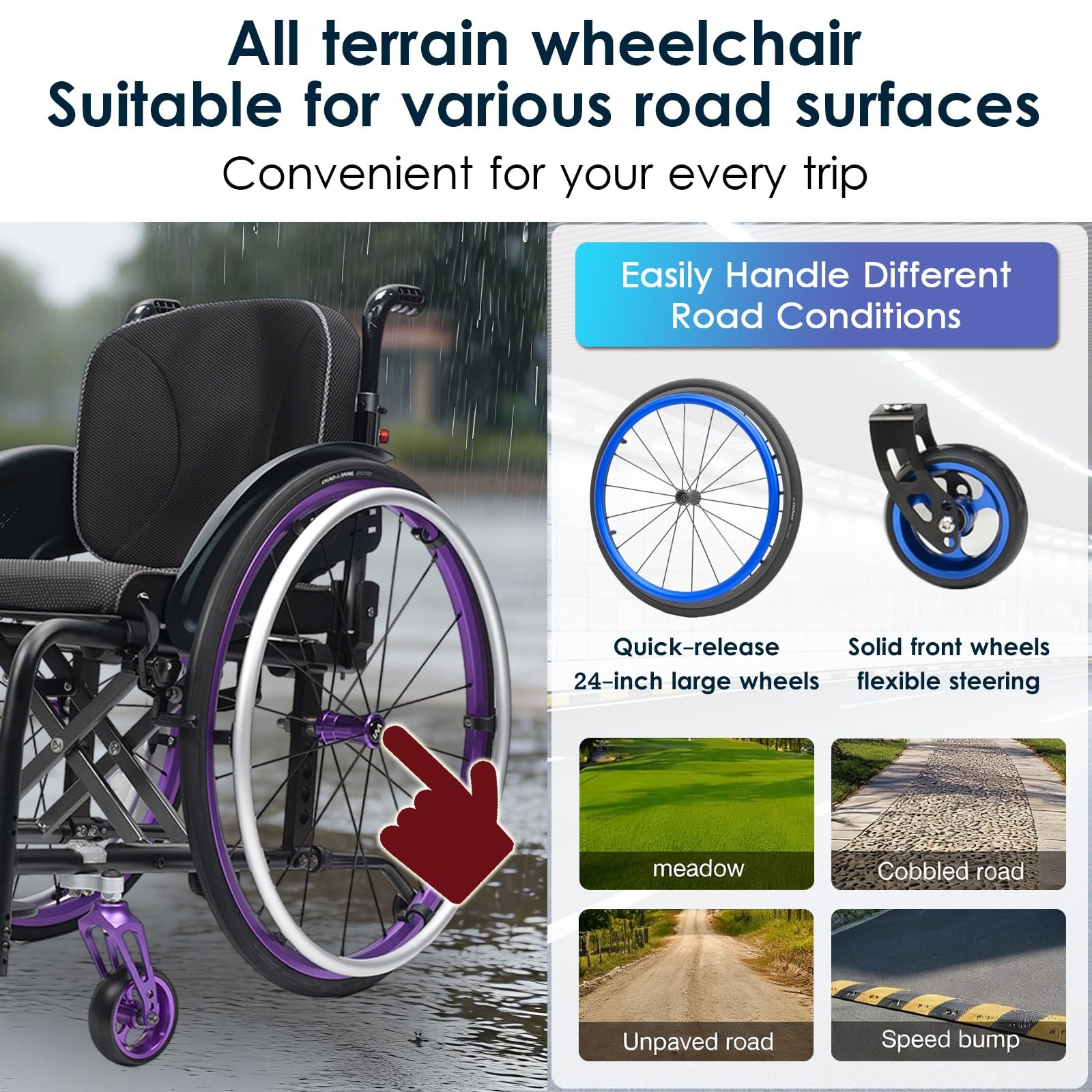 Silla de ruedas manual ligera, silla de ruedas deportiva ultraligera portátil todo terreno, silla de ruedas plegable, sillas de ruedas de transporte con antivuelco(Purple B,43cm/17in)