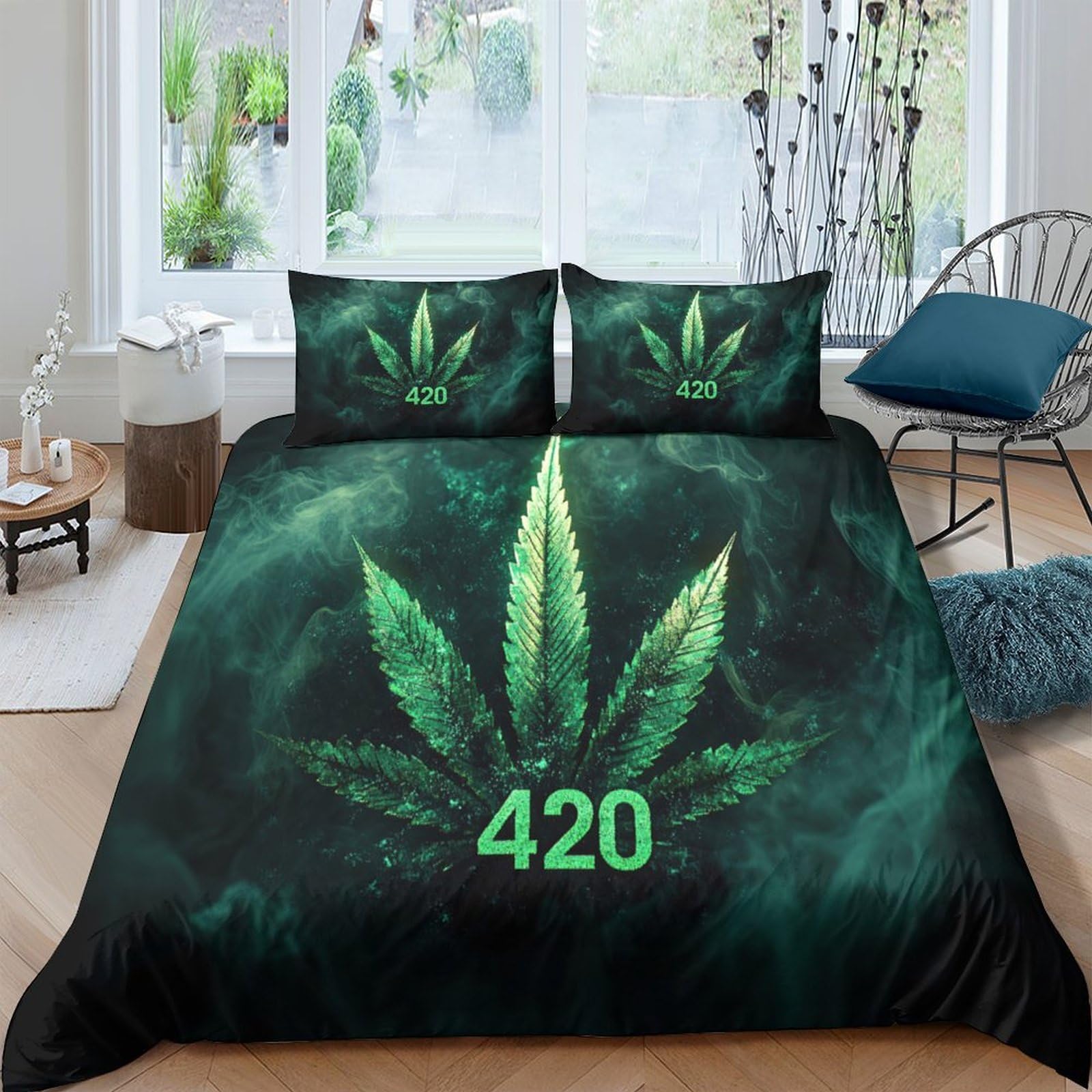 Ctjqhvkz Style-9 3D Printed Green Cannabis Leaf Fitted Sheet Microfiber Soft 420 Pattern Bed Cover For Bedroom Dorm Mattress Decor Single（135X200cm）