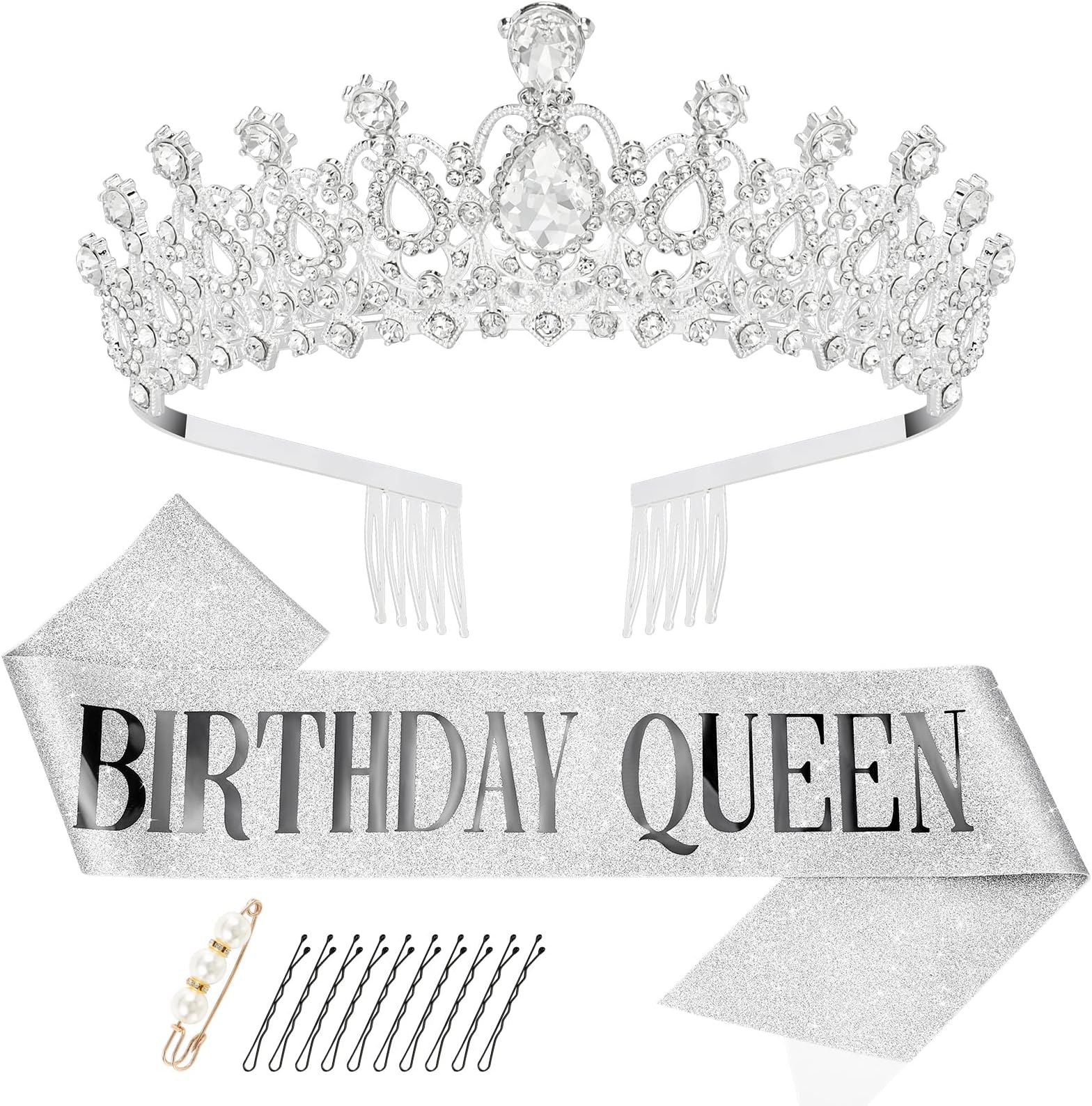 Birthday Tiara for Women Girls Sliver Crystal Princess Crown with Combs Elegant Birthday Queen Crown and Sash for Women Bridal Wedding Prom Birthday Cosplay Halloween Costumes Hair Accessories