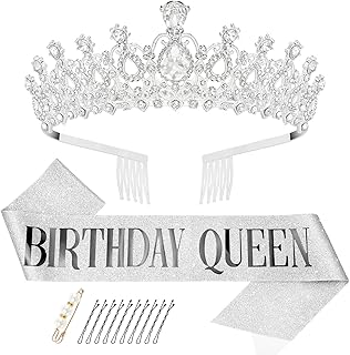 Silver Birthday Tiara for Women Birthday Queen Sash & Rhinestone Tiara Set Rhinestone Tiaras with Combs Crystal Hair Accessories Glitter Sash for Women Bridal Wedding Prom Birthday
