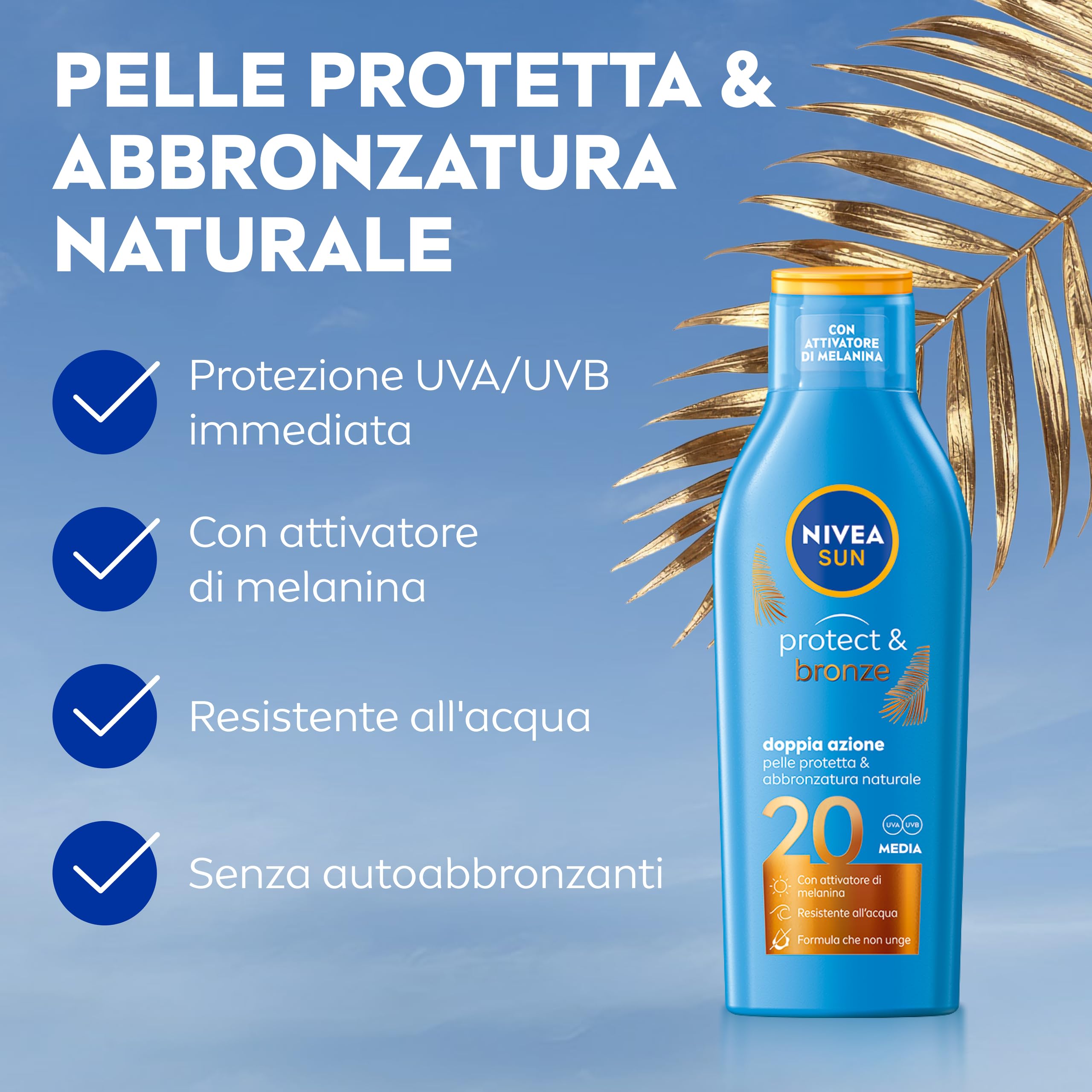 NIVEA SUN Latte Solare Protect & Bronze FP 20 200 ml, Crema solare 20 per un'abbronzatura dorata, intensa e uniforme, Protezione solare 20 con attivatore di melanina
