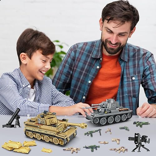 Miniatura 7 de WinGift Juegos de construcción de 1030 piezas de tanques del ejército de la Segunda Guerra Mundial, crea un Panzer alemán 38T y un tanque de tigre