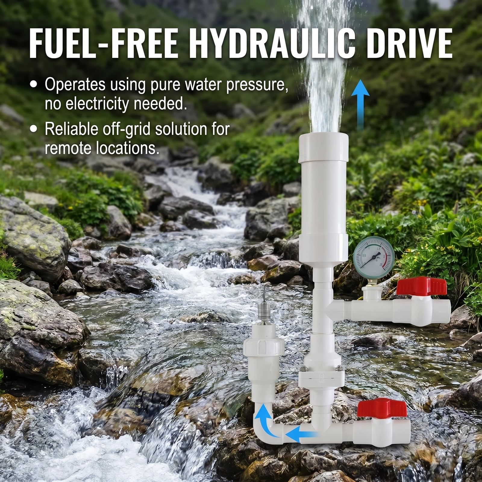 Hydraulische Rammwasserpumpe, netzunabhängige wasserbetriebene Pumpe für die Bergbewässerung, kein Strom oder Kraftstoff erforderlich, auto Hammerpumpen mit hohem Hub(Inlet 1'' Outlet 3/4'')