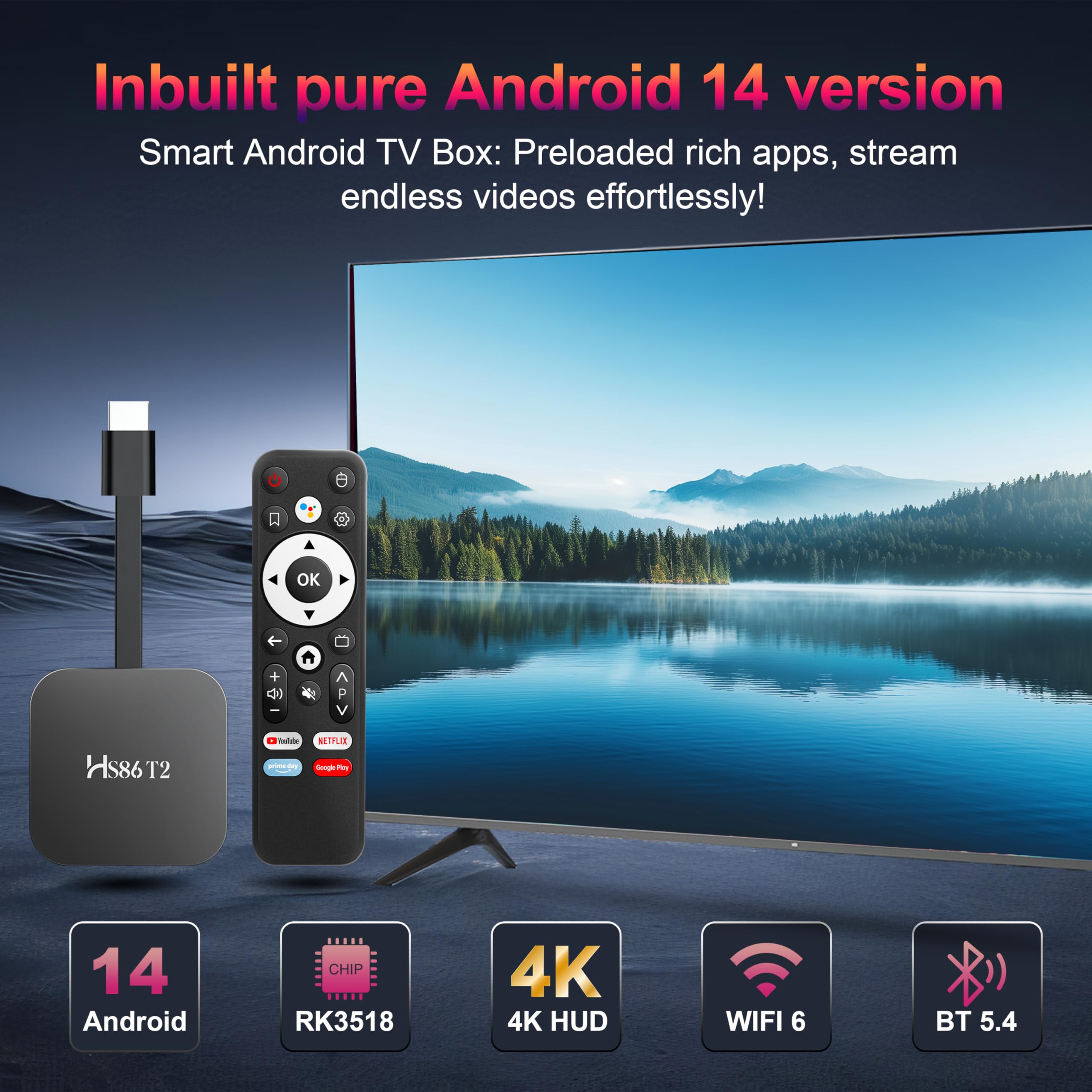 GREVA TV Stick Android 4K Ultra HD Streaming Appareil Dernier Android 14.0 TV Stick Box 2GB 16GB T2 - Black