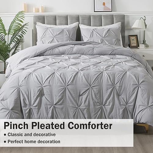 Miniatura 6 de Andency Juego de edredón de tamaño matrimonial color gris plateado (79 x 90 pulgadas), 3 piezas de edredón y juego de ropa de cama plisado moderno