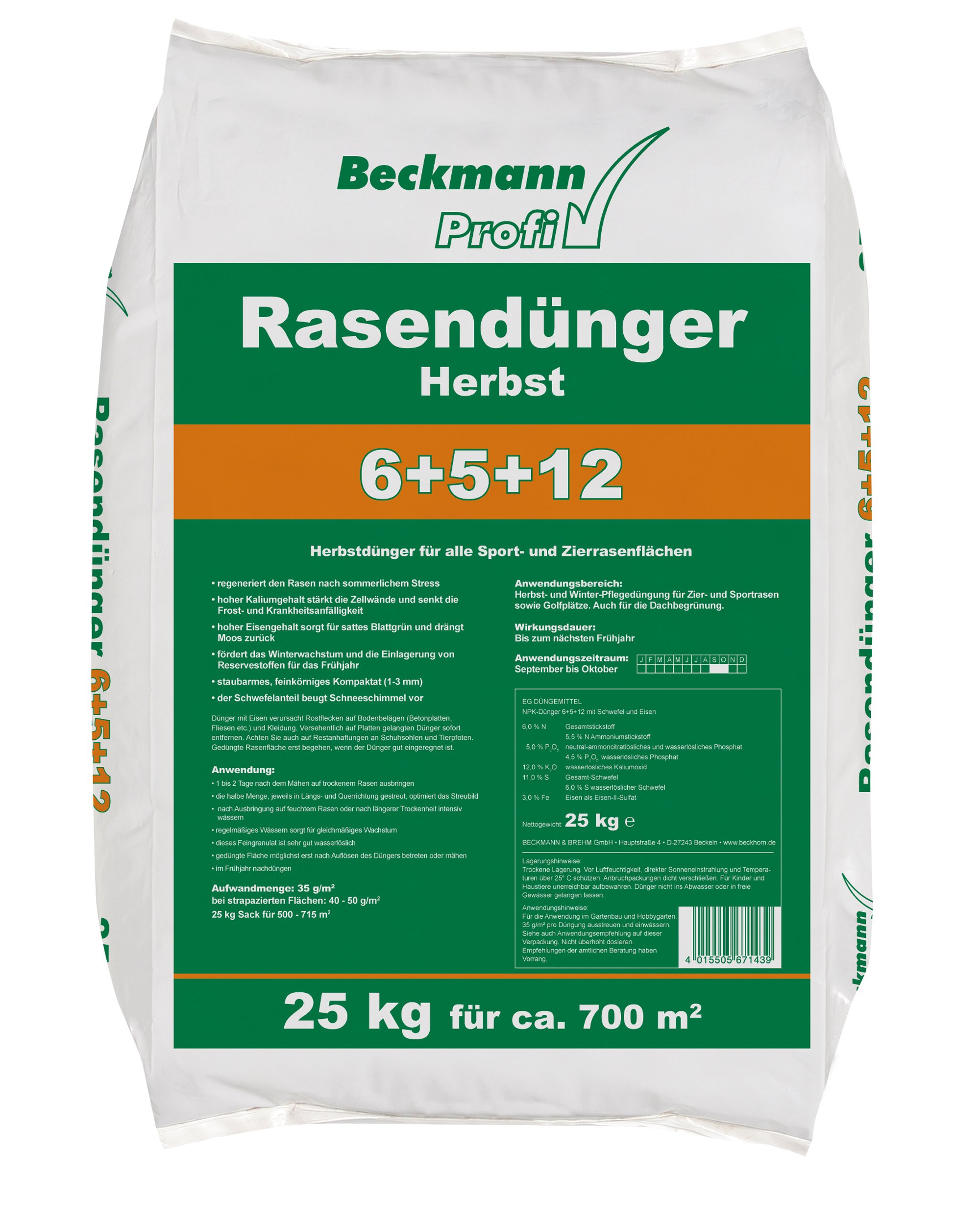 Beckmann Profi Herbst Rasendünger 6+5+12 in 25 kg