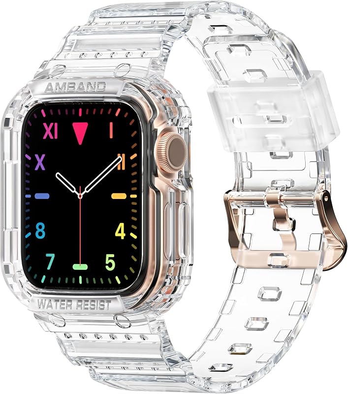 amBand Compatible con Apple Watch Series 9/8/7/(SE 3/SE 2/SE)/3/6/5/4/3 Bandas transparentes para mujer 41 mm/40 mm/38 mm con estuche, bonita correa de cristal con cubierta protectora de parachoques de gelatina para iWatch 41/40 mm