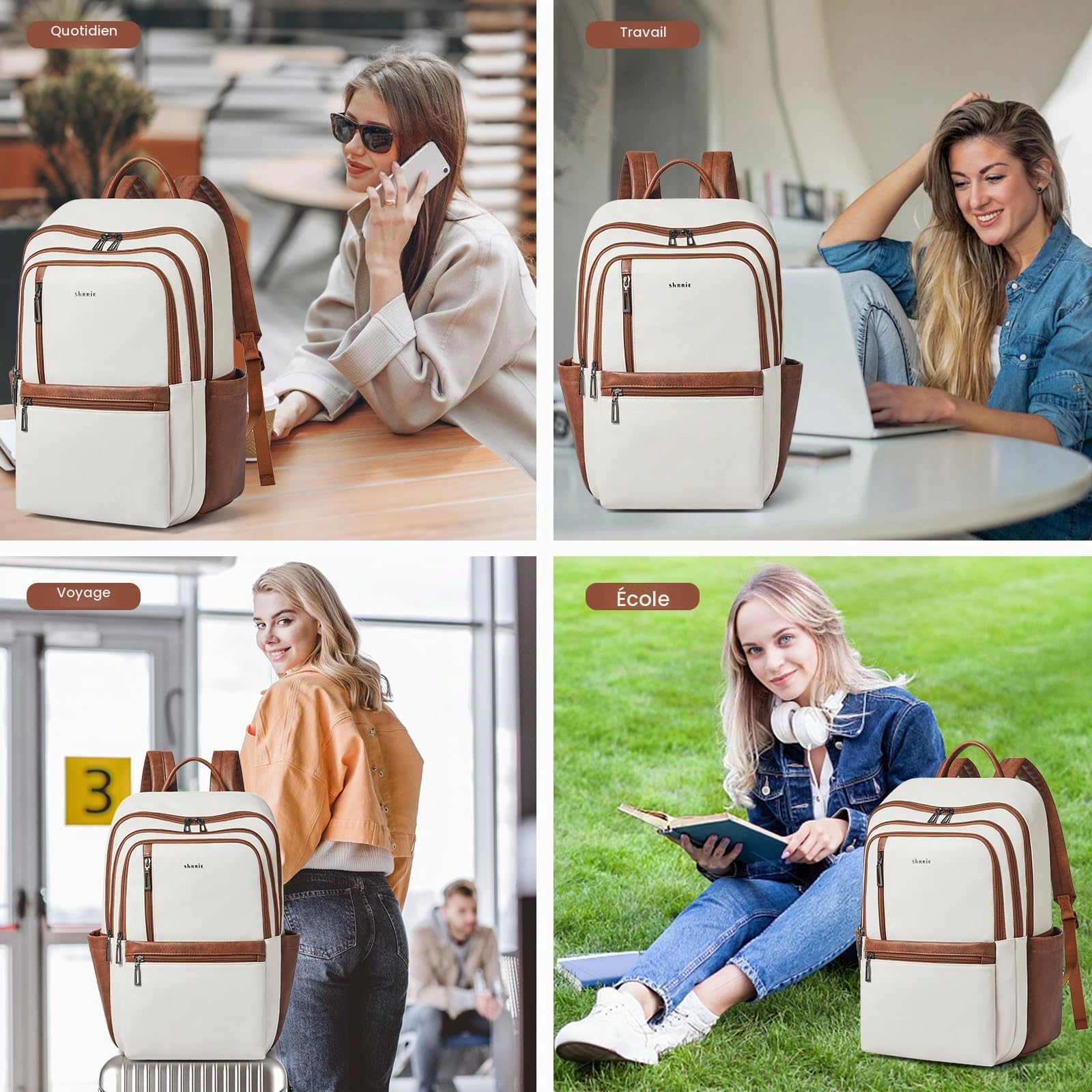 Shrrie Sac à dos en cuir pour ordinateur portable 17 pouces pour femme, grand sac à dos de voyage avec compartiment pour ordinateur portable pour décontracté utilisation ou travail, Beige et Marron