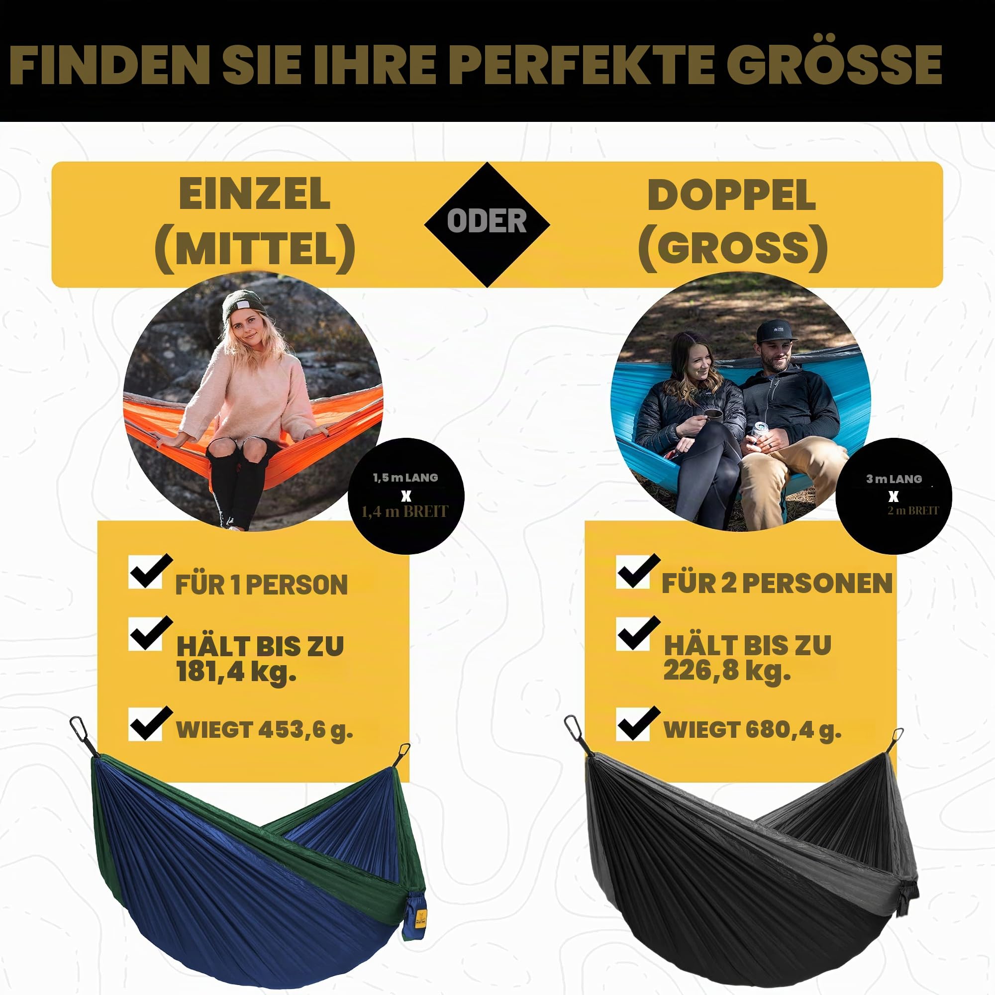 Wise Owl Outfitters Hängematte - Outdoor Hängematte für 2 Personen - Ultraleichte Reisehängematte - Belastbar bis 226 kg - Camping Zubehör - Inkl. Aufhängung u. Karabiner (Marineblau und Hellblau)