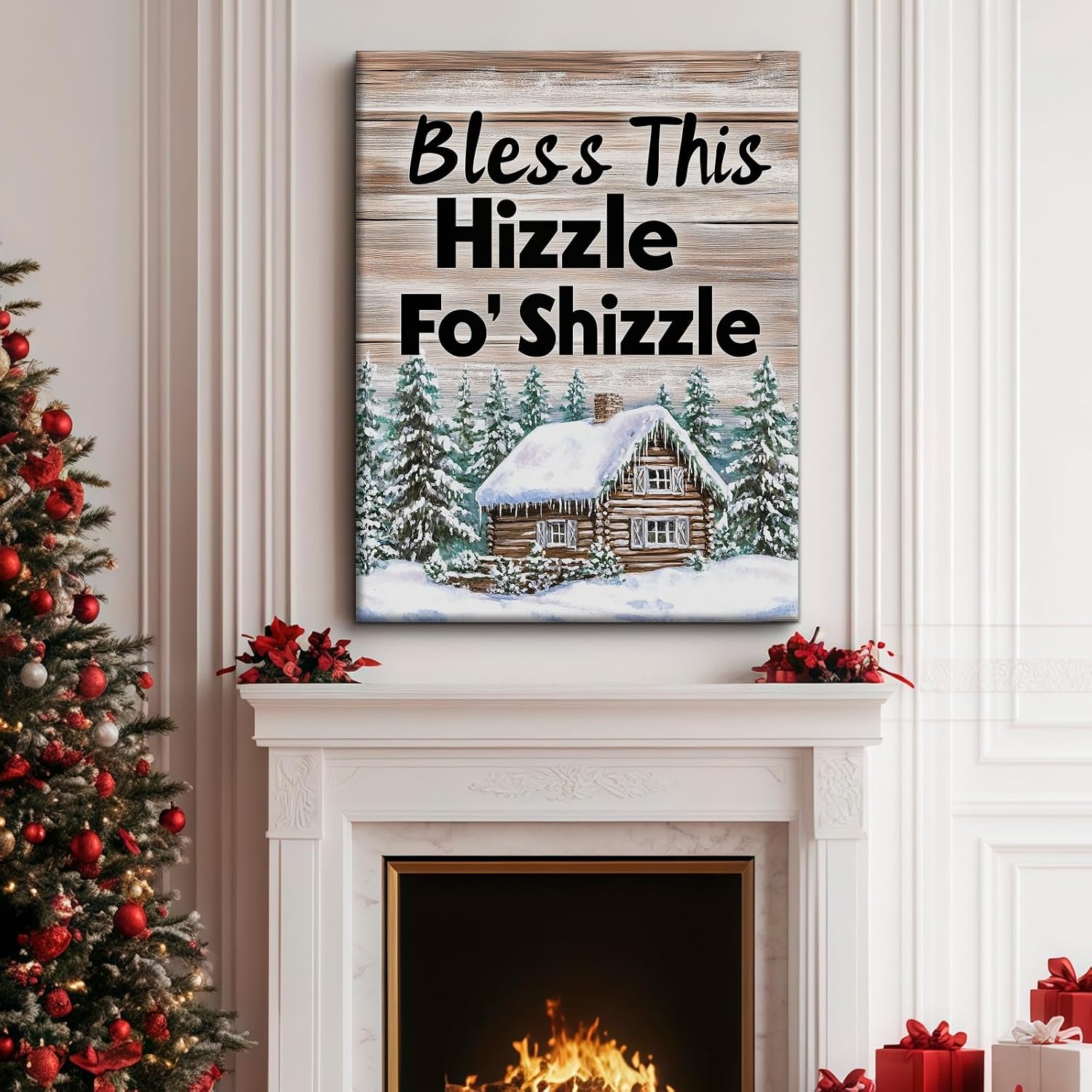 Craftline Snowy Winter Cabin Canvas Wall Art Large Christmas Bless This Hizzle Fo Shizzle Quote Farmhouse Pictures Rustic Cottage Landscape Decor Vintage Holiday Painting for Living Room 36x24