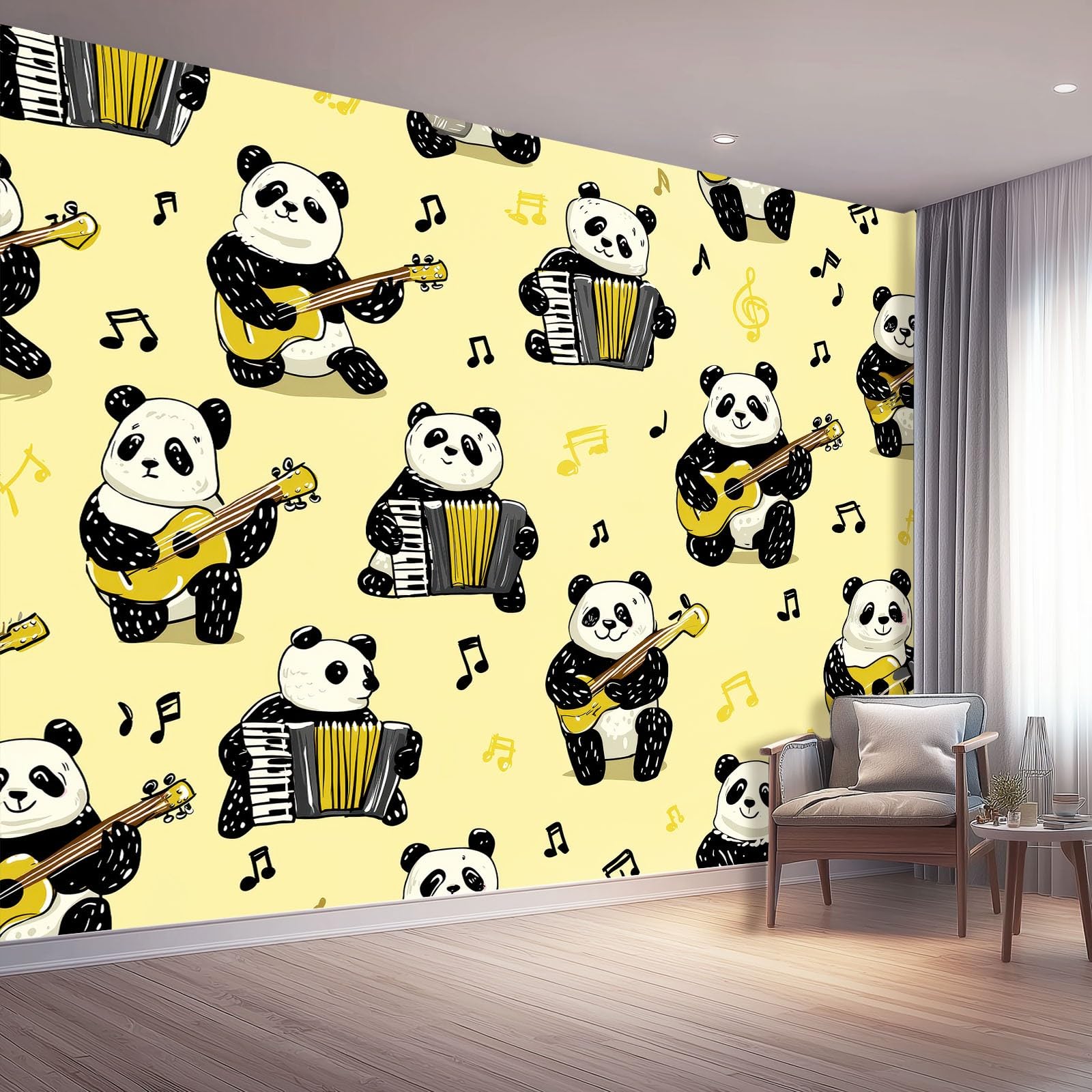 Panoramiczna tapeta 300 x 210 cm (dł. x wys.), kreskówka akordeon zwierzęta panda włóknina fototapeta do salonu restauracja tło telewizora dekoracja, żółty pokój dziecięcy gobelin ścienny