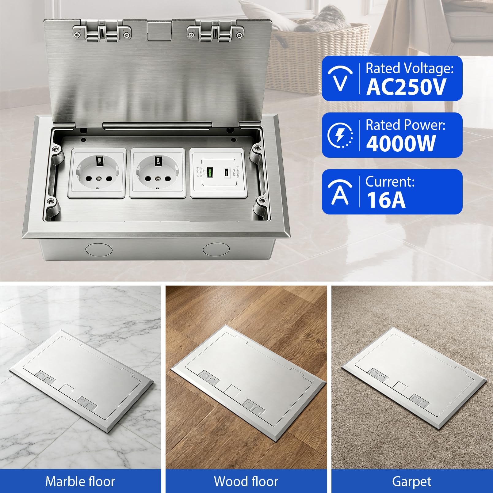 Scatola di Prese da Pavimento, Set di Scatola da Pavimento da Pavimento in Acciaio Inox 16A 4000W con 2 Prese AC & 1 USB-A & 1 USB-C, Presas da Incasso AC 250V a Scomparsa per Uffici, Hotel, Scuole | Presa da incasso a scomparsa, CA 250 V, con 2 prese AC