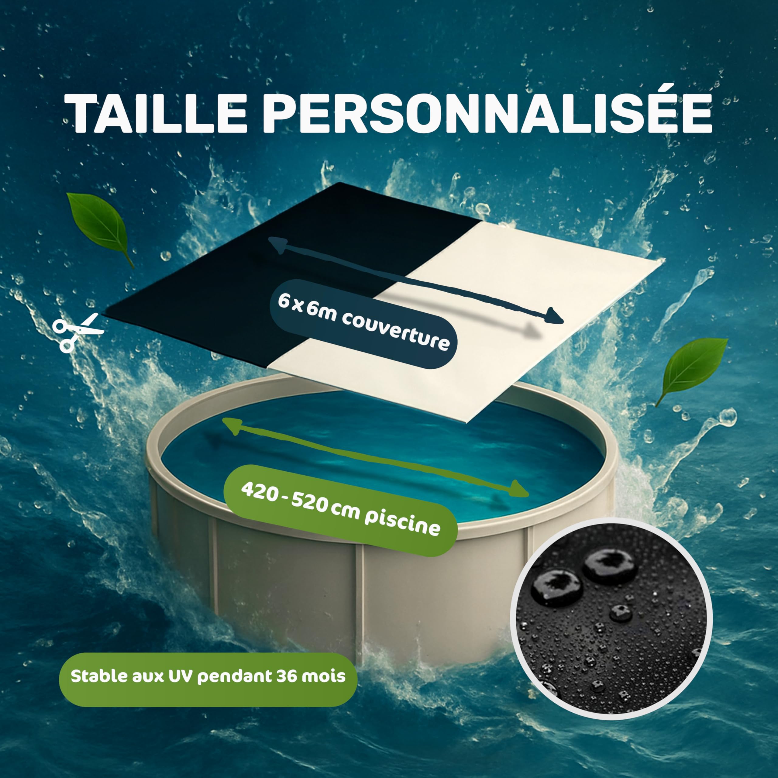 Bâche de Piscine en Film d'ensilage Premium 6x6m pour piscines Ø 420–520 cm | Fermeture EasyFlex®, Couverture opaque anti-algues, Bâche d'hiver & d'été, Résistante aux déchirures
