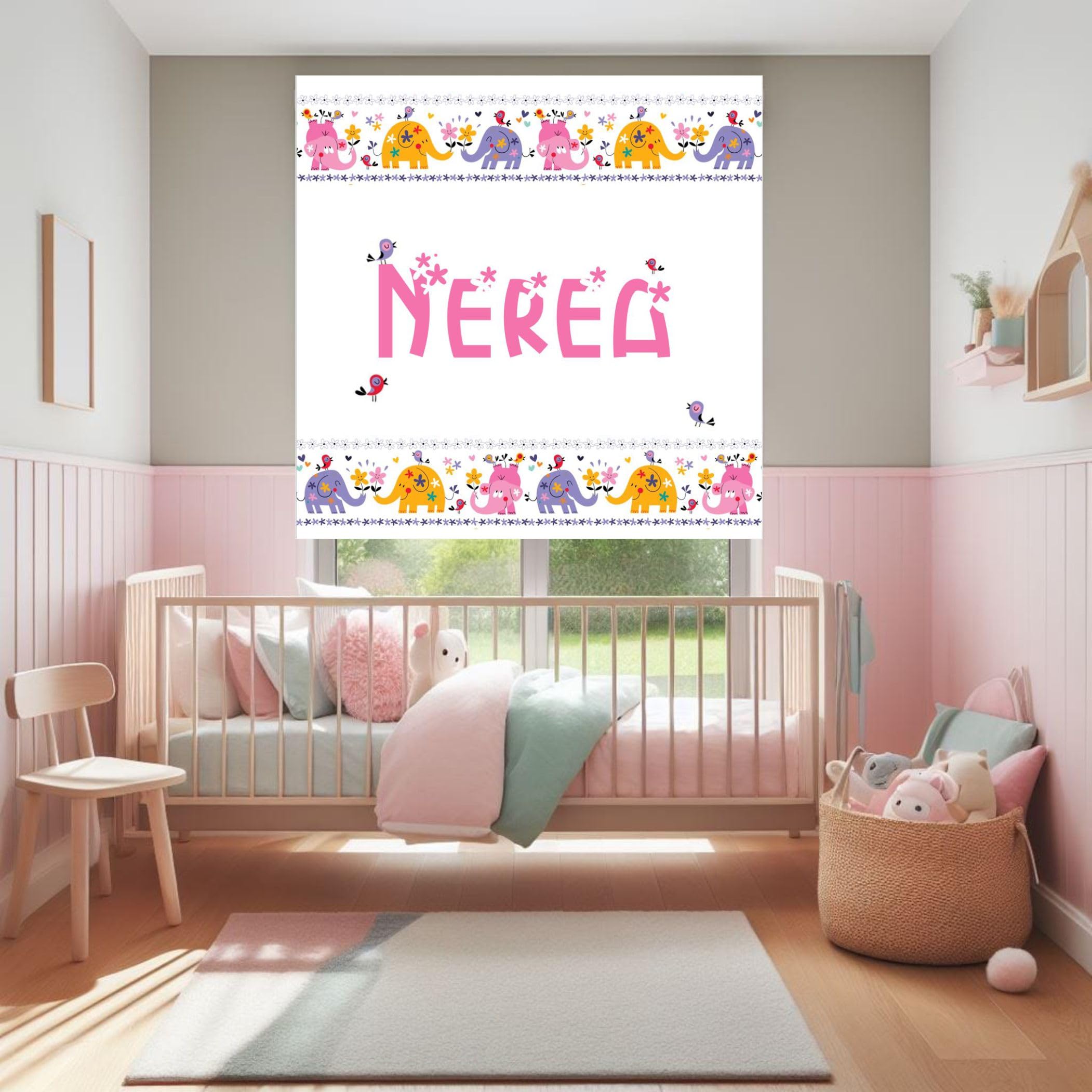 Estor Infantil Personalizado con Nombre | Estor infantil niña estampado Elefantes y Flores 010| Cortina Enrollable Translúcida para Habitación de Bebé o Niña | Hecho en España (40X60)
