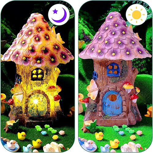 Miniatura 3 de Poen Casa de hadas solar de 8 pulgadas, accesorios de jardín en miniatura, casa de hadas iluminada, 6-8 figuras de hadas, kit de jardín, animales de