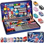 Burgkidz Blocs magnétiques Garçons Voyage : 48PCS Racing Magnetic Building Blocs dans 2-in-1 Cas de voyage en étain - N32 Les aimants restent en place sur les voitures Bumpy - Jouets de voyage sur route pour les garçons 3-8