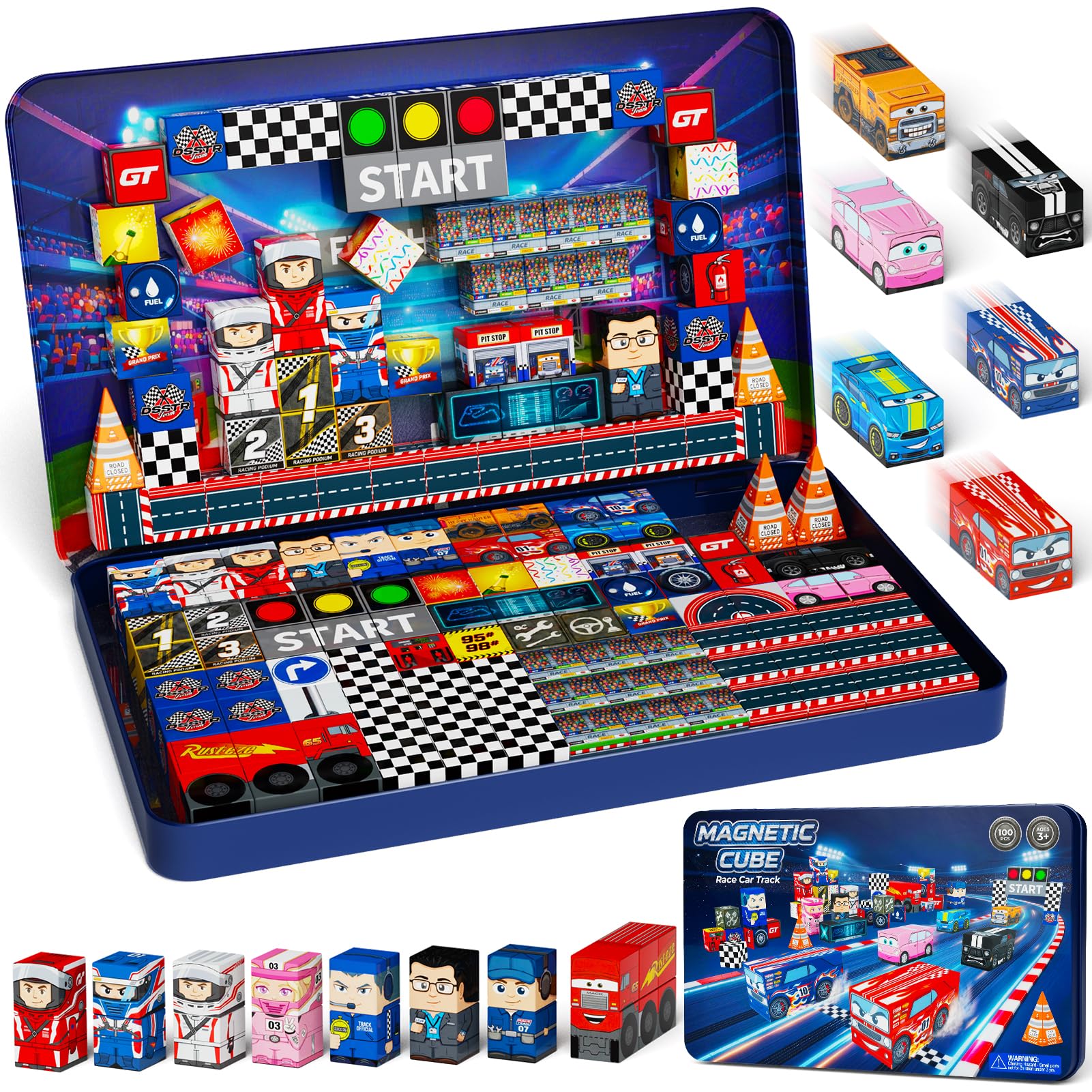STEM MATCH Travel Magnetic Blocks for Boys: 100PCS Racing Building Blocks in Travel Tin – N32 Strong Magnets for Group Play, Travel Toy for Boys 3-8
