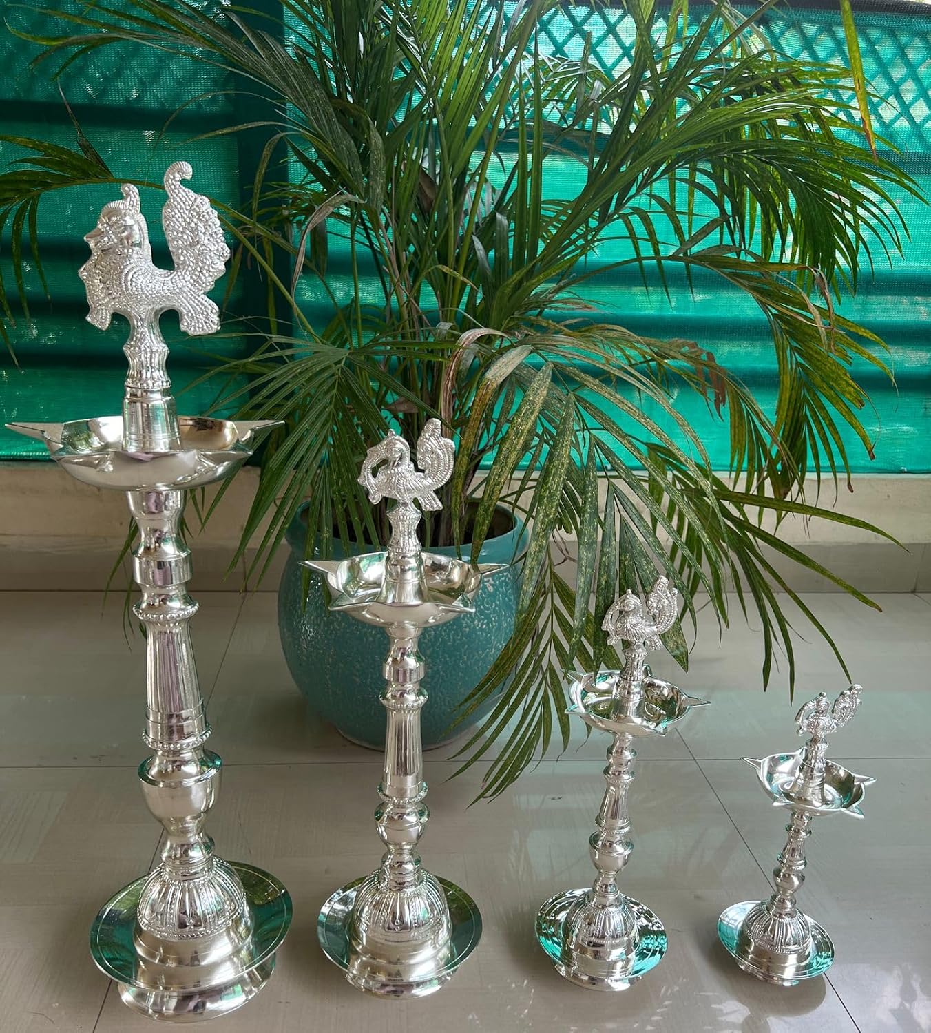 German Silver Peacock Diya Set 14" Pair for Housewarming Pooja/ Diwali
