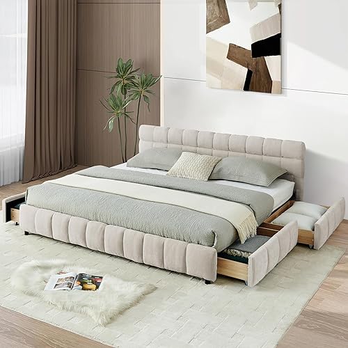 Miniatura 13 de Base de cama tapizada tamaño California King con tela de felpilla gruesa, cama de plataforma con cabecero copetudo, marco de madera maciza, diseño