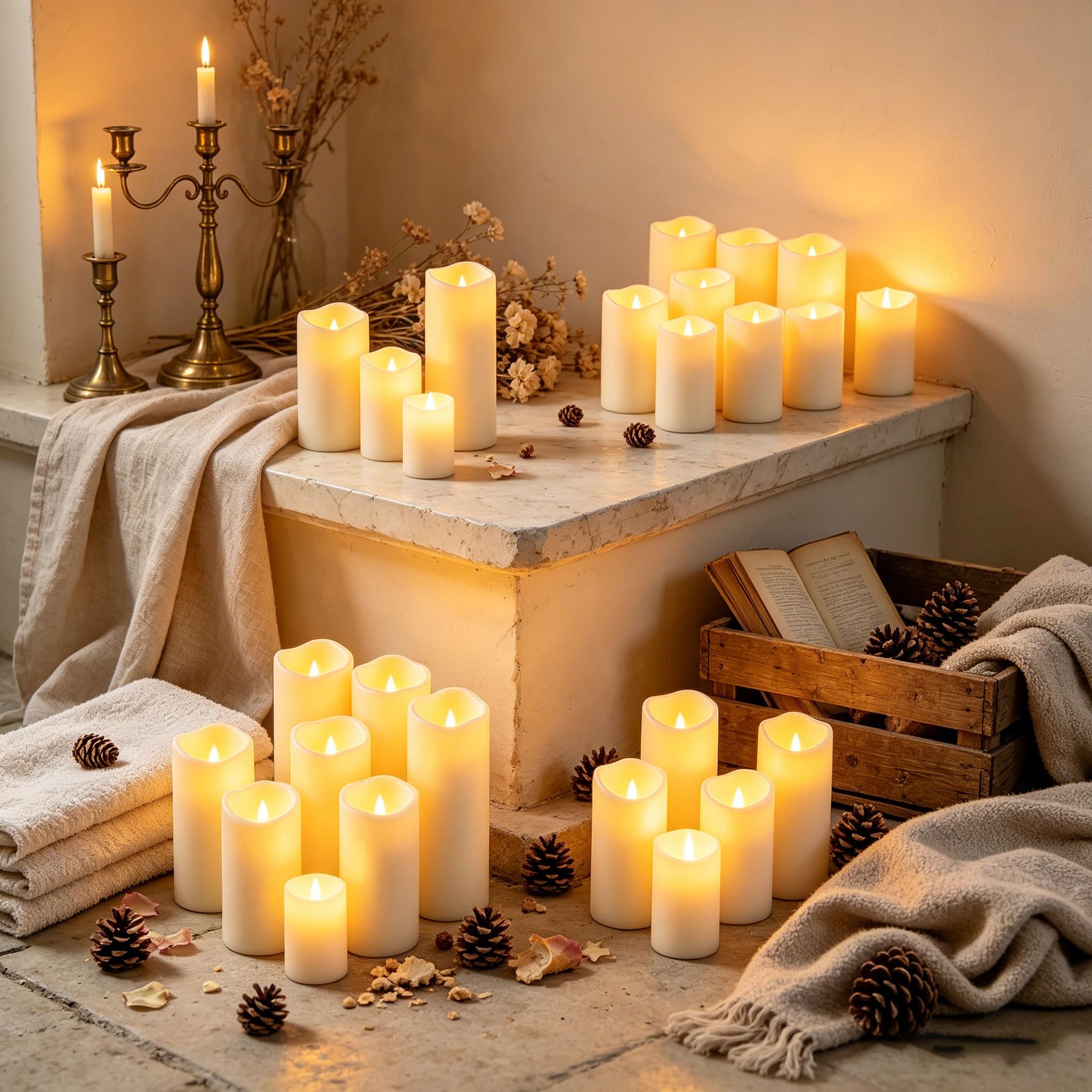 Velas LED Impermeables Marfil con Mando 12 Piezas 5.5cm 4 Tamaños Plástico Resistente Calor Lluvia