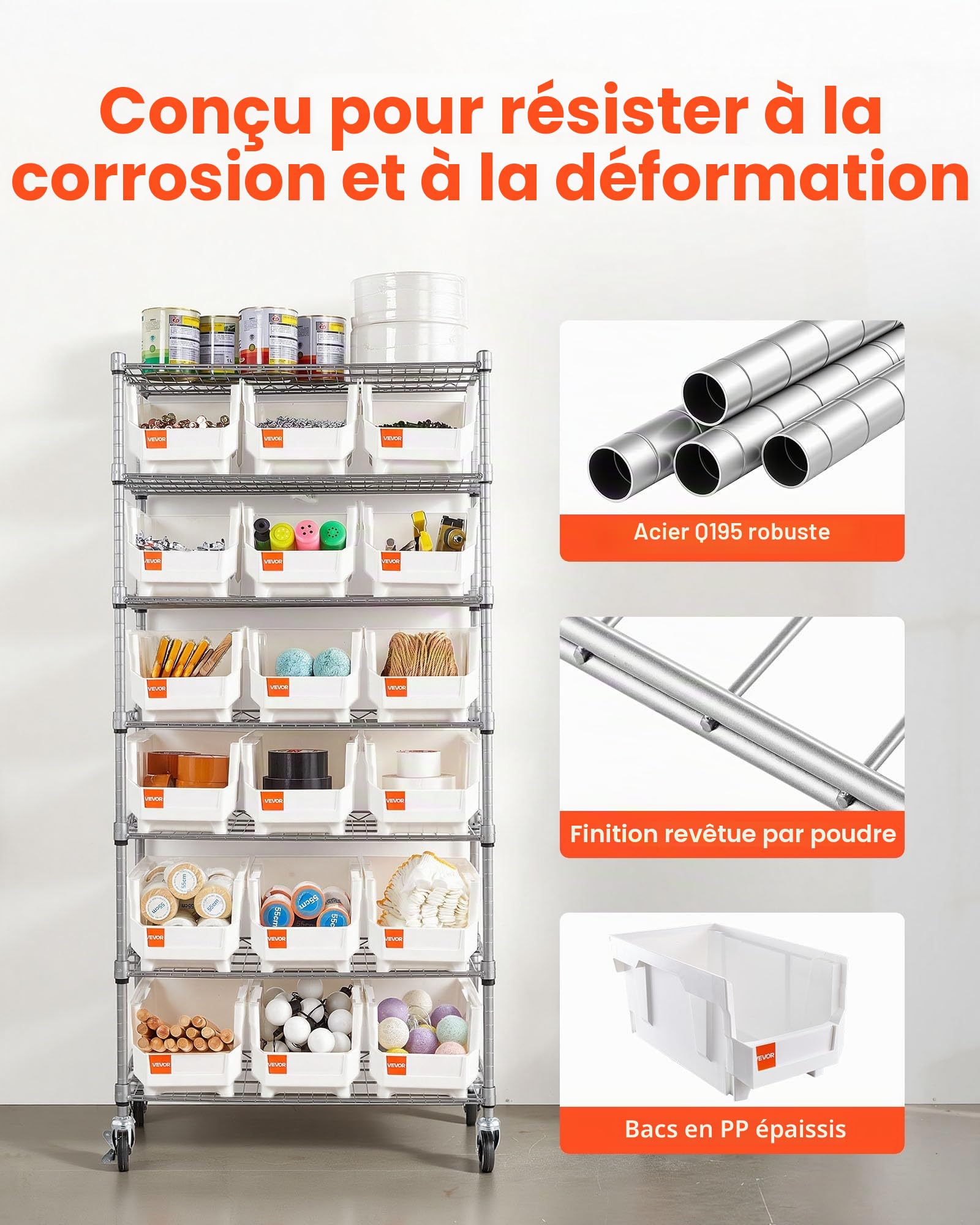 VEVOR Étagère de Rangement Mobile 7 Niveaux Rayonnage sur roulettes 18 Bacs pour Garage, Entrepôt, Bureau, Restaurant, Salle de Classe, Cuisine, en Fil d'acier, avec roulettes Pivotantes et 2 Freins