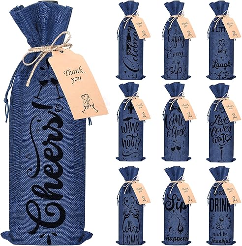 Miniatura 8 de Shappy Bolsa de vino, funda reutilizable de lino para botella de vino con cordón, paquete de 10, para botellas de vino, envoltura de regalos,