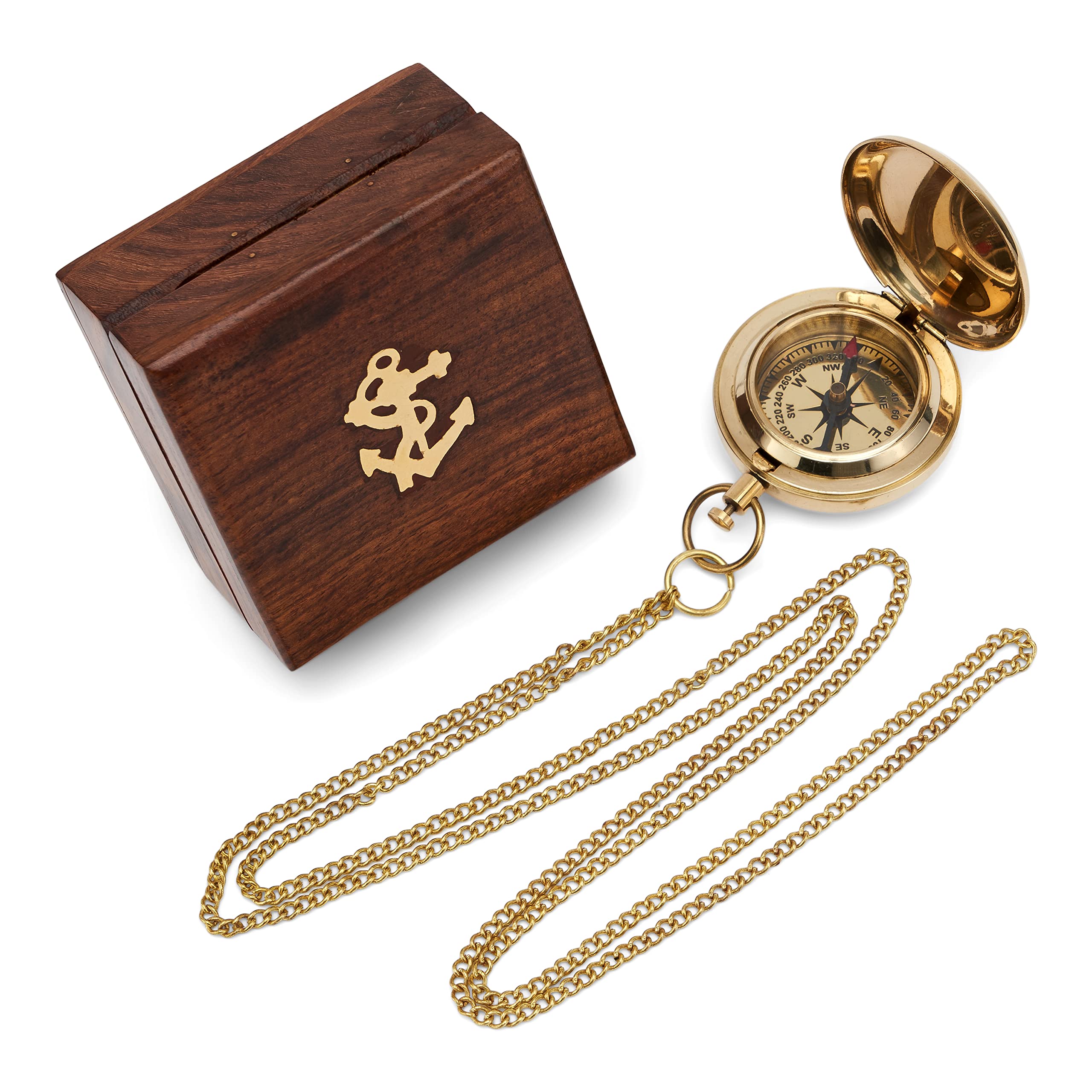 Bussola Da Tasca NKlaus In Ottone - Stile Vintage, Scatola Di Legno, Diametro 5cm, Catena 100cm - Foto 4