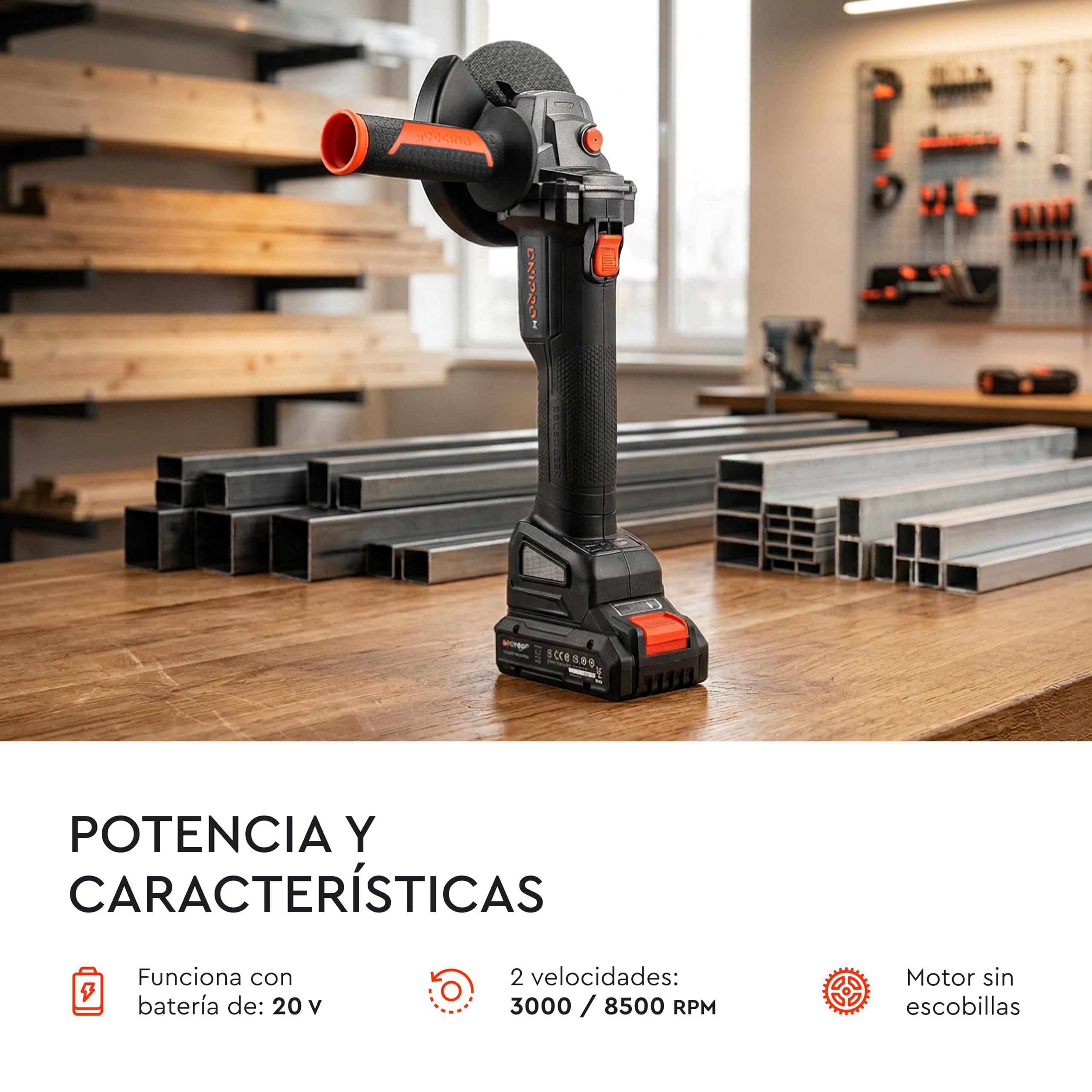 Amoladora Angular a Batería 20V Brushless, Disco 125mm, 2 Velocidades (3.000/8.500 rpm), para Cortar, Desbastar y Lijar,con Batería 4Ah,Cargador,Maletín y 10 Discos de Corte. DGA-201BC Ultra