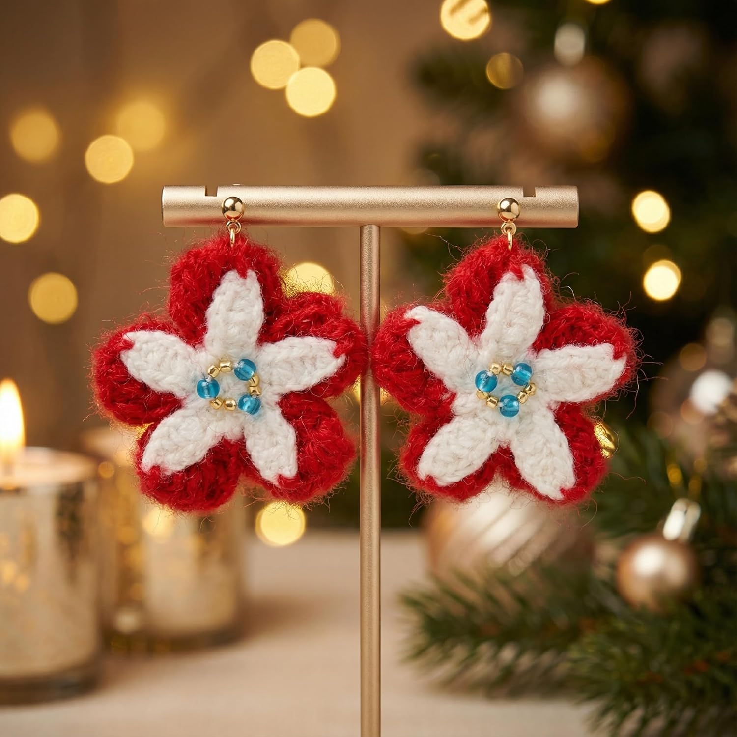 Handmade Crochet Flower Earrings for Women | Red & White Lightweight Boho Dangle Jewelry | Hypoallergenic 18K-Gold-Plated Sterling Silver Hooks | Unique Handmade Gift | Holiday & Everyday Statement Accessory - Image 5