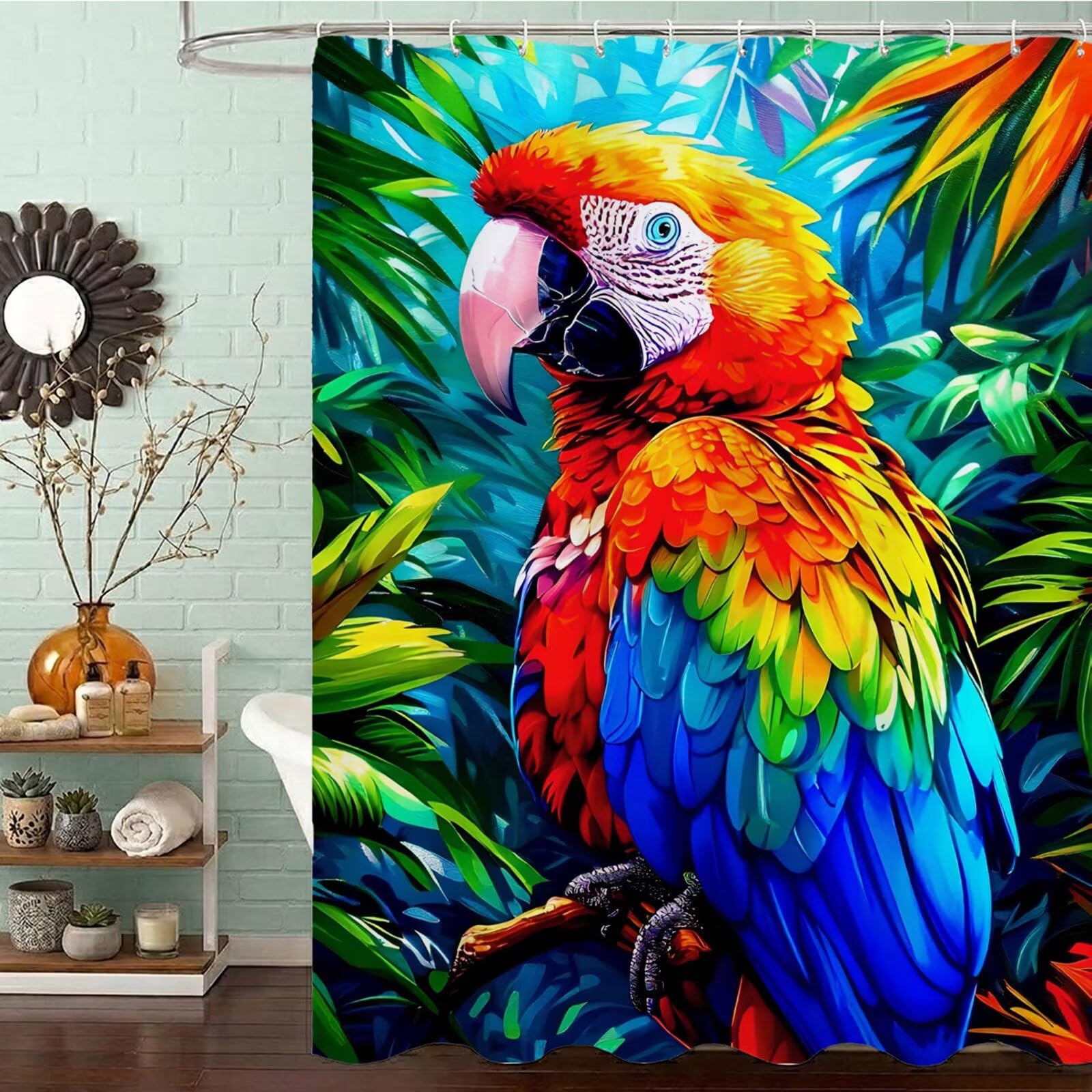 Wasserdichter Duschvorhang Anti-Schimmel 240x200 cm, Waschbar Schnelltrocknend Textil Stoff Polyester Duschvorhang Papagei Shower Curtain mit Gewicht und 12 Ringe für Badewanne, Bunt J8-669