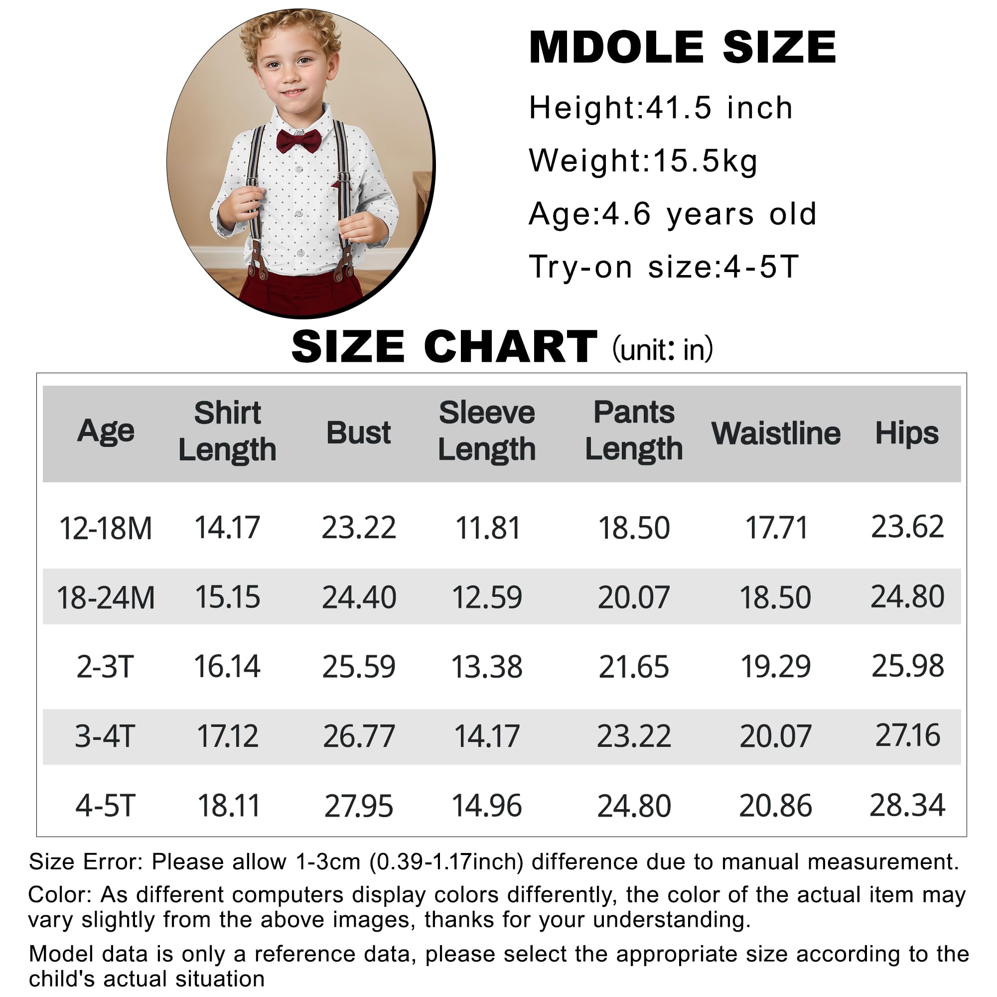 CARETOO Costume de gentleman pour enfant - Tenue de mariage - Robe formelle - Nœud papillon - Pantalon à bretelles longues - 1 à 5 ans