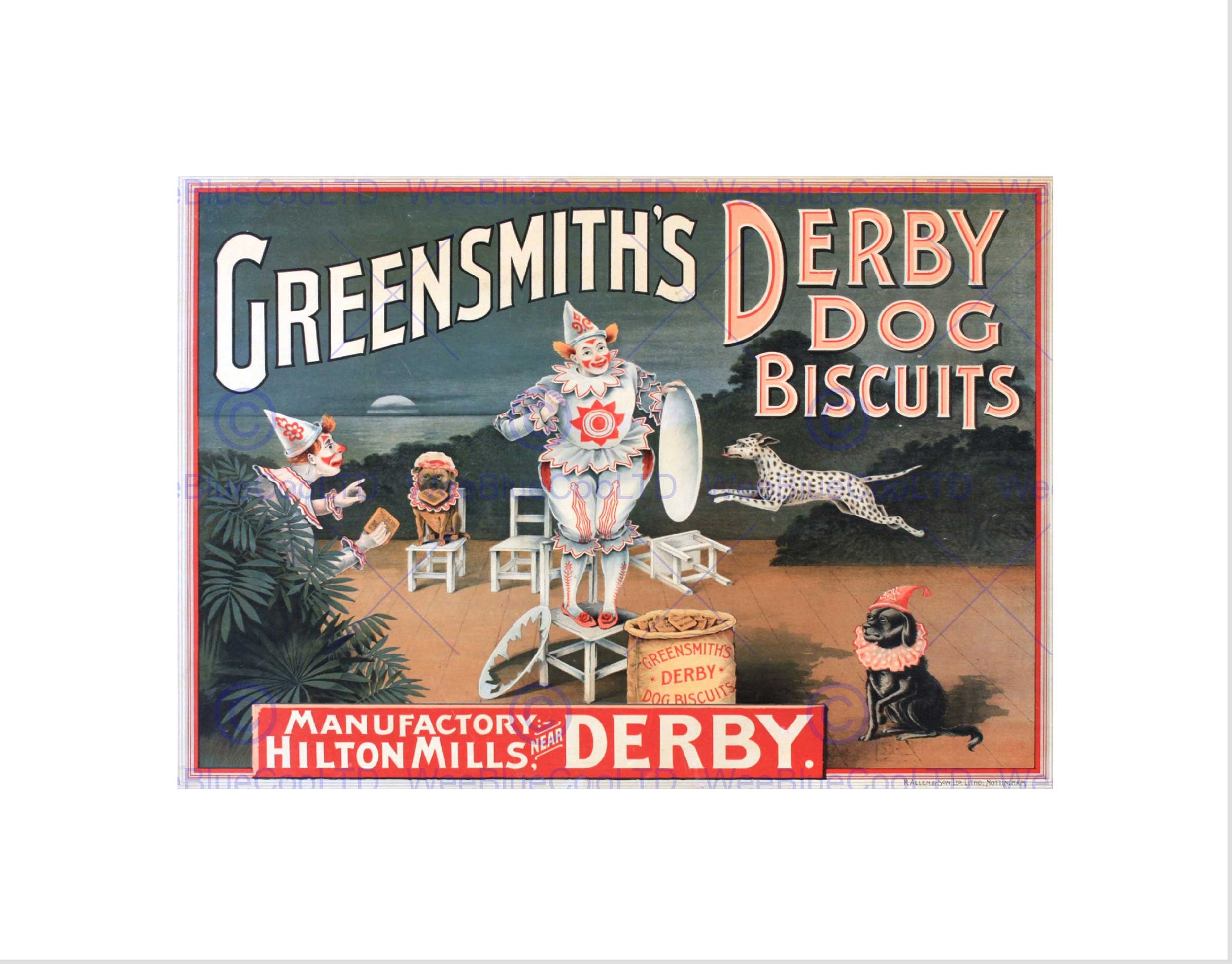 Wee Blue Coo Advert Dog Biscuits Greensmith Derby Clown Circus Wall Art Print