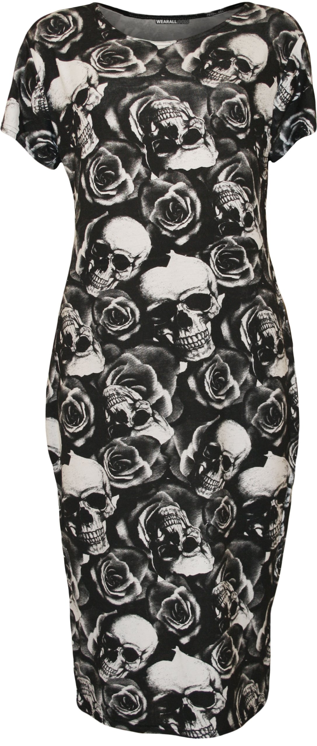 WearAll Womens Plus Size Print Short Sleeve Scoop Stretch Ladies Midi Dress - Skull Roses - 26-28