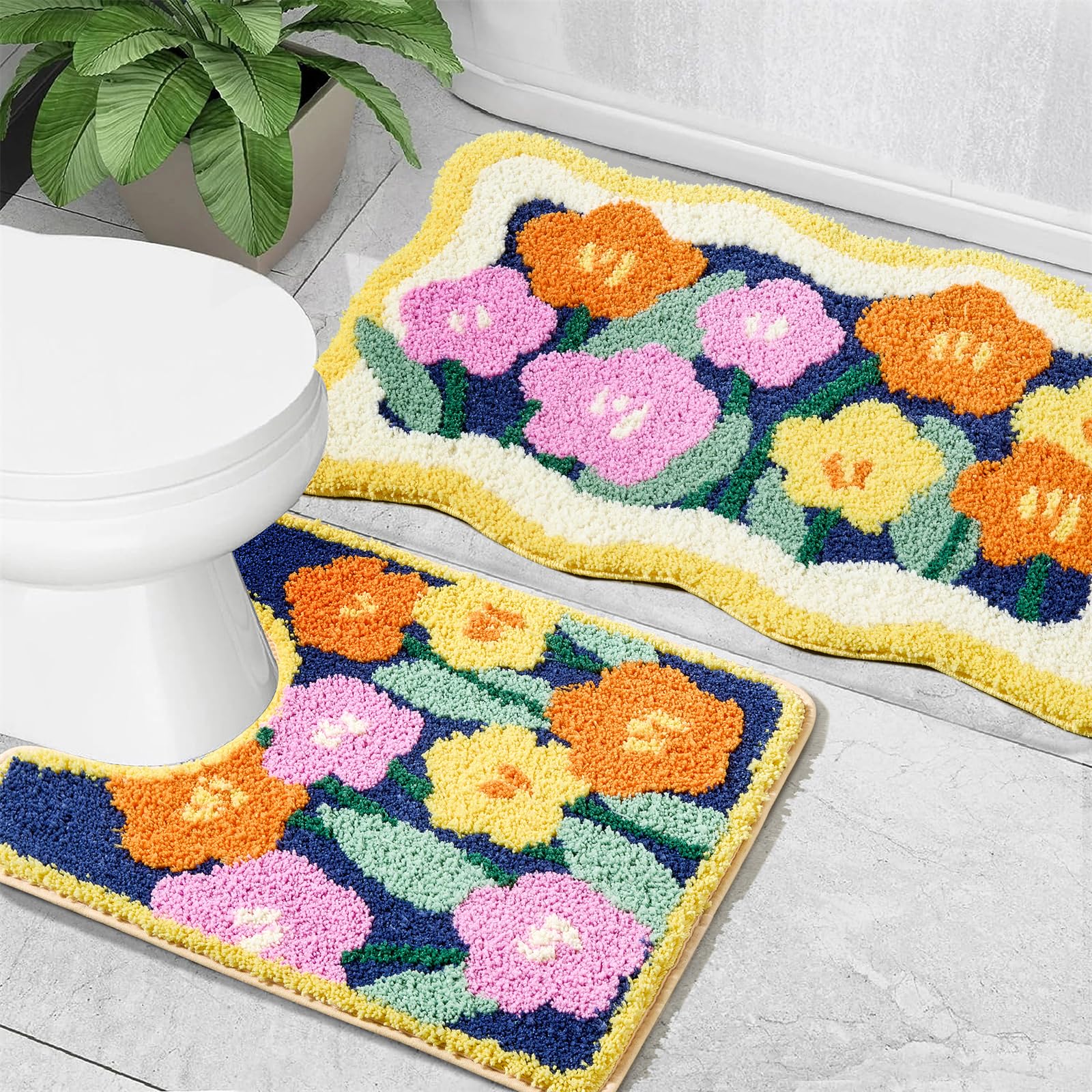 Aldopein Boho Floral Bathroom Rug Set 2 Piece Non Slip Washable, Colorful Cute Flowers 20’’x32’’ Bath Mat and 20’’x24’’ U-Shaped Contour Toilet Rug Absorbent, Soft Microfiber Bath Mat Set for Bathroom