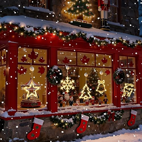 Miniatura 8 de 5 luces de Navidad para ventana con temporizador, funciona con pilas, luz blanca cálida con copos de nieve, campanas de árbol con forma de estrella