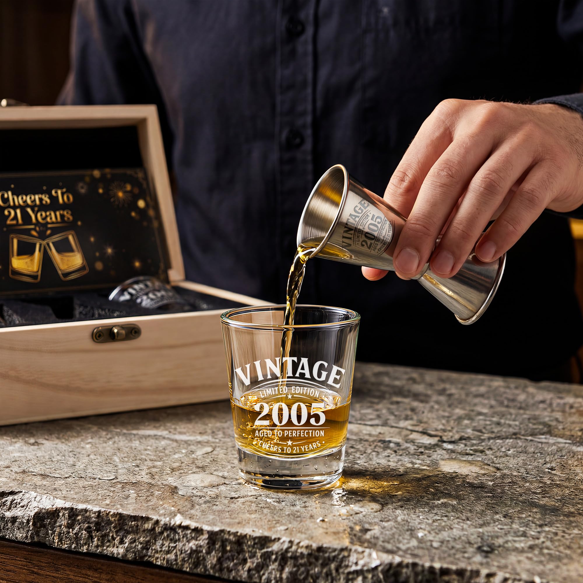 LIGHTEN LIFE 21st Birthday Gifts for Him,2005 Shot Glasses with Valued Wooden Box,21st Birthday Shot Glass Set,21 Years Old Birthday Gift Ideas,21st Birthday Decorations for Men Son Boy Brother Friend