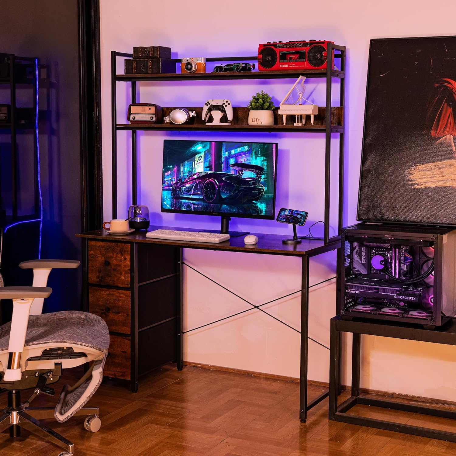 Aquzee Computer Desk with Drawers, 47 inch Desk Hutch, Gaming Desk with Storage Shelves, Power Outlets & Bookshelves, Study Writing Desks for Bedroom Living Room Home Office, Rustic Brown