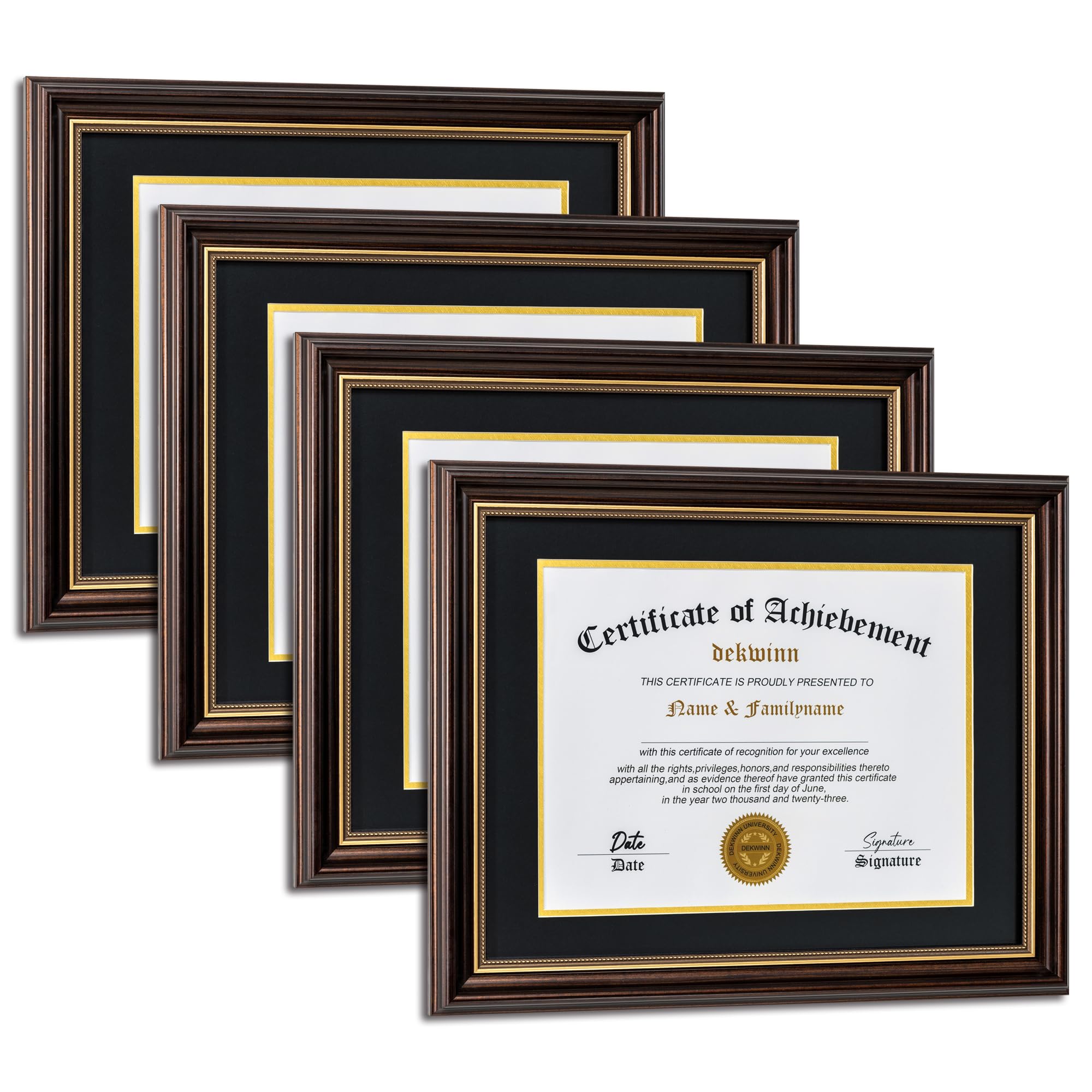 Diploma Frames 8.5x11 with Mat or 11x14 without Mat,Set of 4 Reddish Brown/Gold Trim Certificate Document Picture Frame,Real Glass(Black/Gold Double Mat)