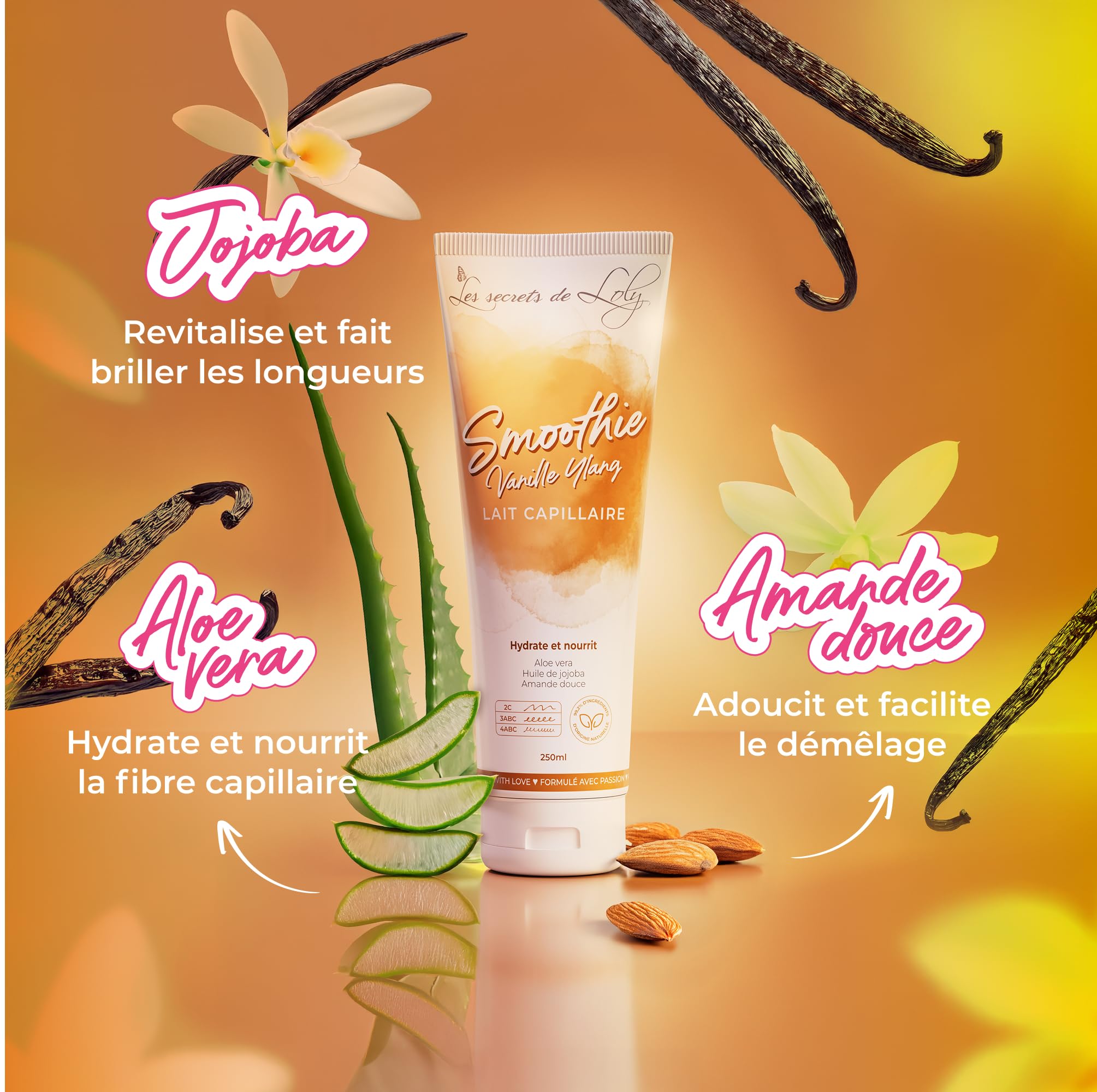 Les Secrets de Loly – Smoothie Vanille Ylang – Lait capillaire sans rinçage Nourrissant & définition – Cheveux bouclés, frisés, crépus, denses – +97% d'origine naturelle – 250 ml