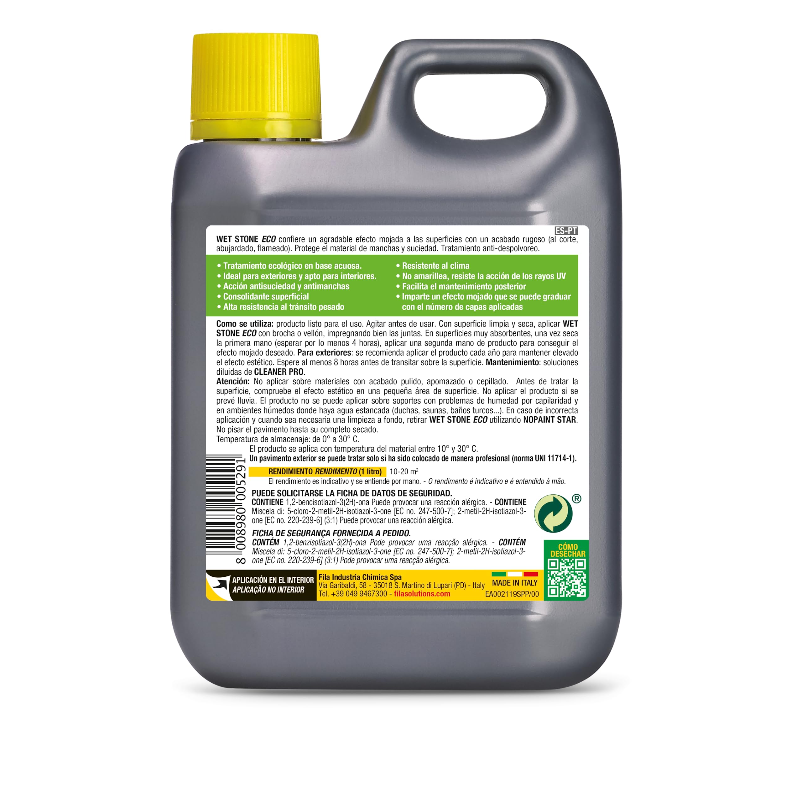 FILA Surface Care Solutions, WET STONE ECO, Protector de Piedras Naturales a Efecto Mojado, Hidrofugante Piedra, Repelente de Manchas y Suciedad,Suelos Interiores y Exteriores, Base Acuosa, 1L