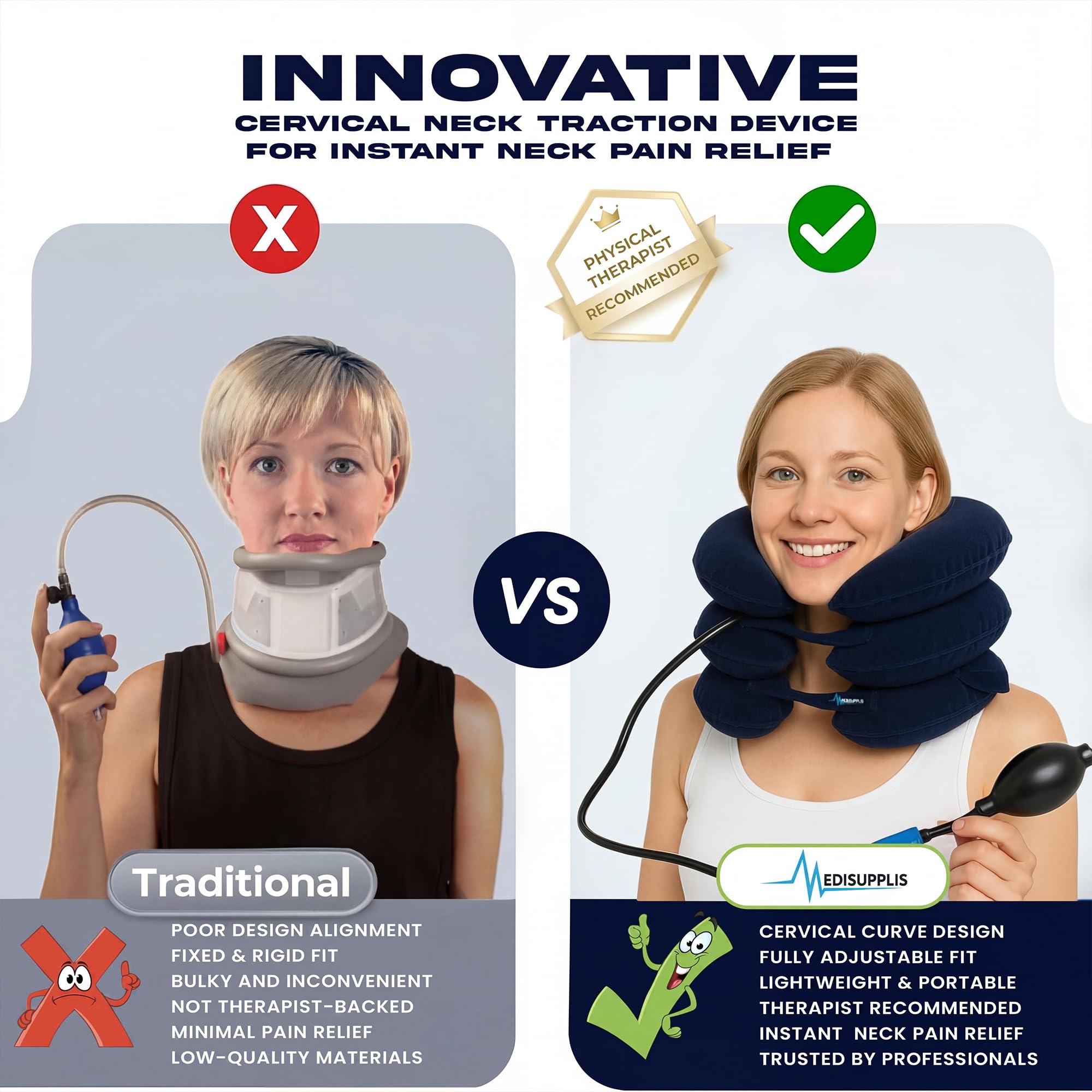 Estirador de cuello para aliviar el dolor, dispositivo de tracción cervical ajustable, soporte inflable para el cuello y almohada de descompresión para uso doméstico