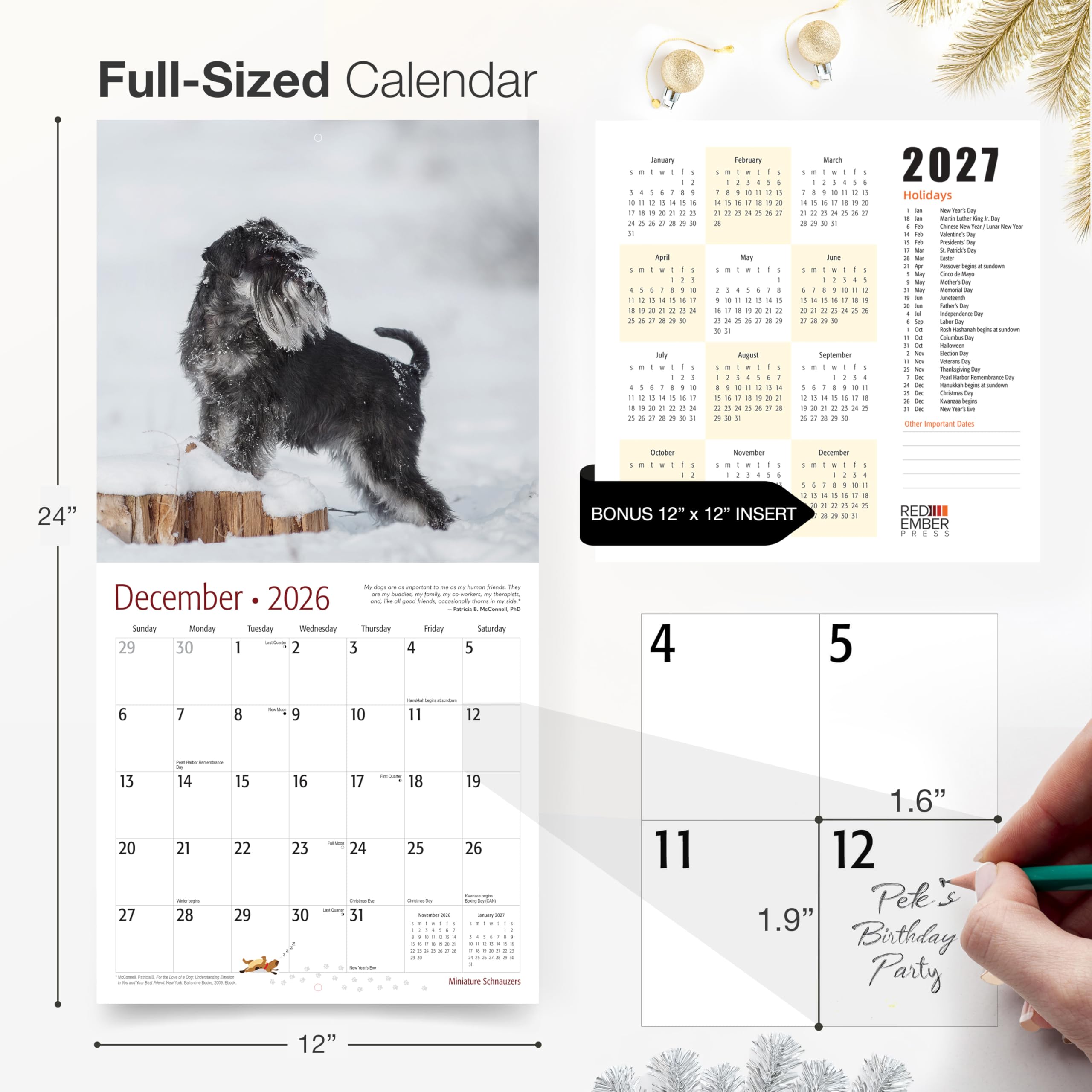 RED EMBER Miniatur Schnauzer Wandkalender 2026, 12 Monate, 30,5 x 61 cm offen, dickes & stabiles Papier, Geschenk, Kalender 2026