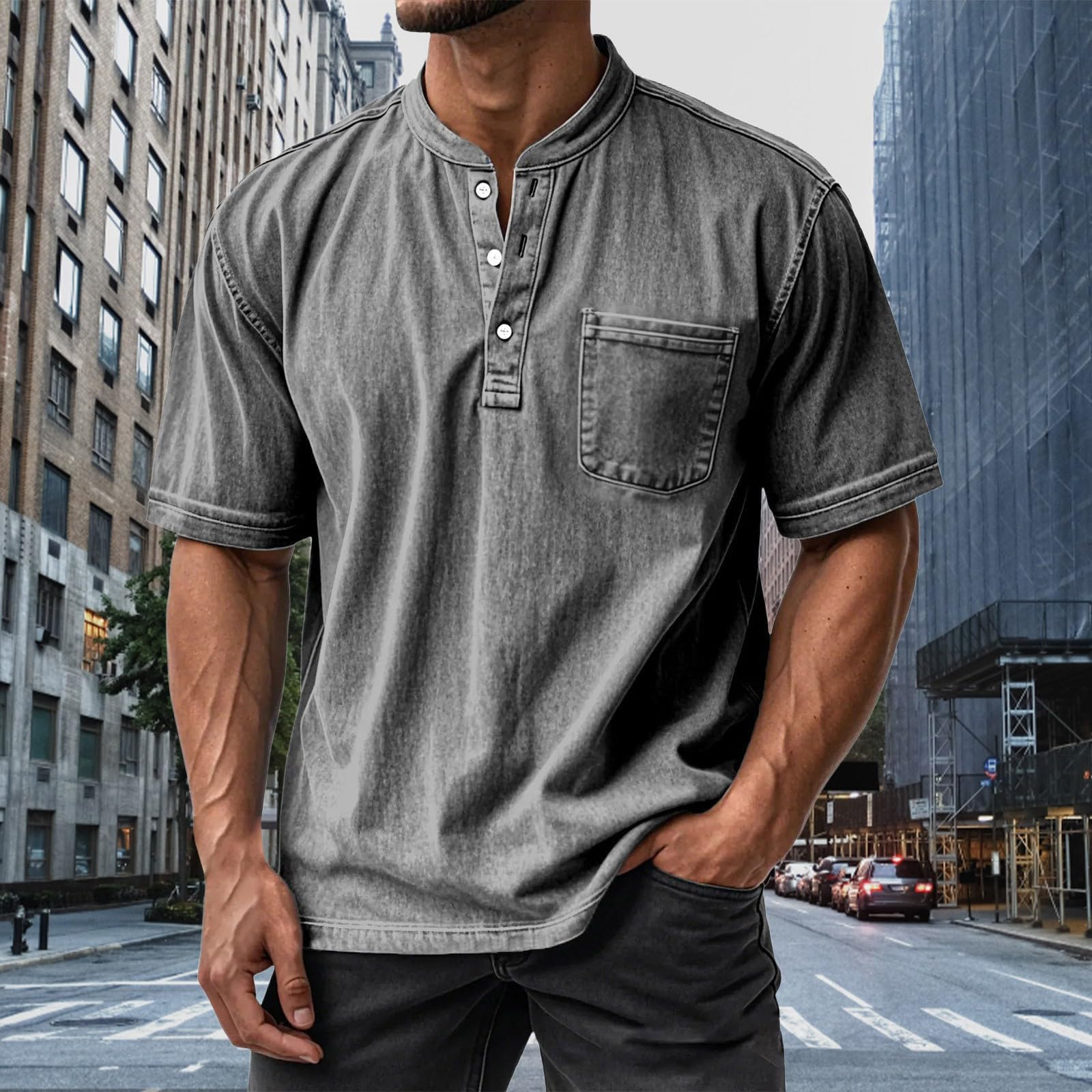 Camicia casual da uomo - puro cotone lavato imitazione denim manica corta button down girocollo t-shirt bianca